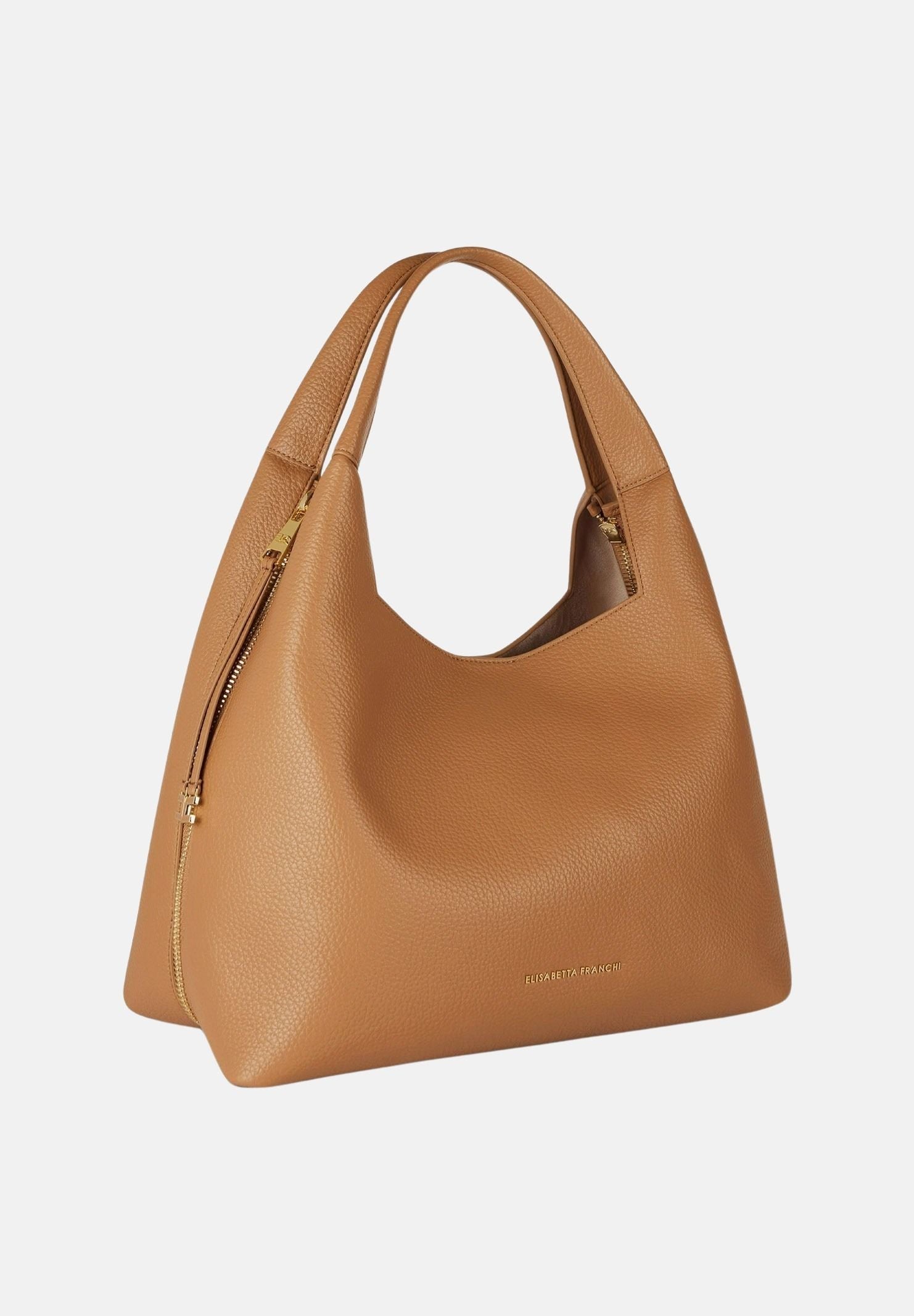 ELISABETTA FRANCHI Borsa HOBO a spalla daino-cuoio, da donna con zip laterali e charms logo pendenti.<BR/> BS23A66E2 AI6 ELISABETTA FRANCHI
