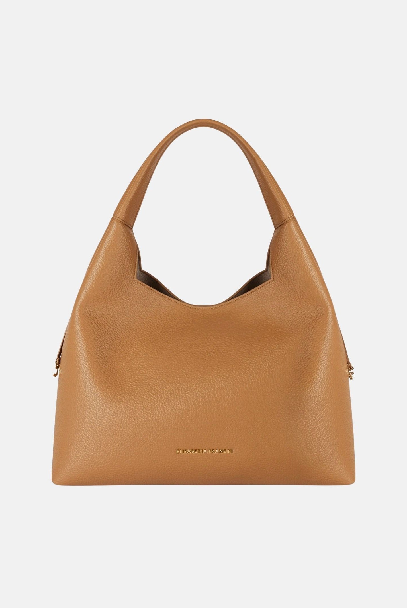 ELISABETTA FRANCHI Borsa HOBO a spalla daino-cuoio, da donna con zip laterali e charms logo pendenti.<BR/> BS23A66E2 AI6 ELISABETTA FRANCHI
