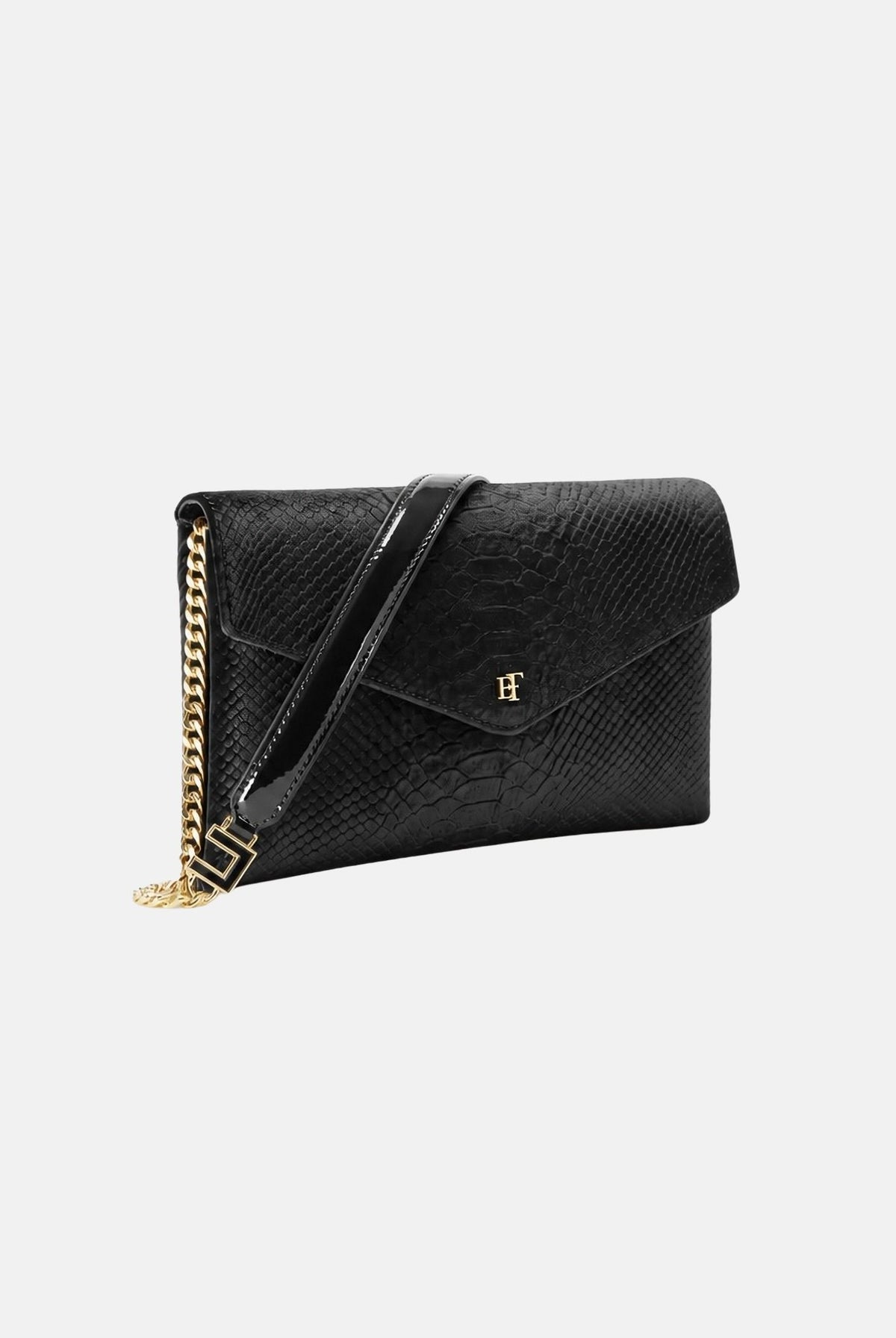 ELISABETTA FRANCHI Pochette nera per donna con stampa coccodrillo, catena groumette e finiture in vernice. BS27A67E2 110 ELISABETTA FRANCHI