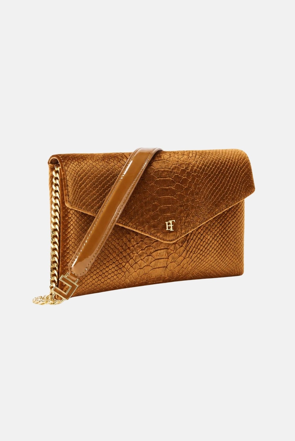 ELISABETTA FRANCHI Pochette a mano ambra-giallo ocra da donna con stampa coccodrillo, catena groumette e finiture in vernice. BS27A67E2 940 ELISABETTA FRANCHI