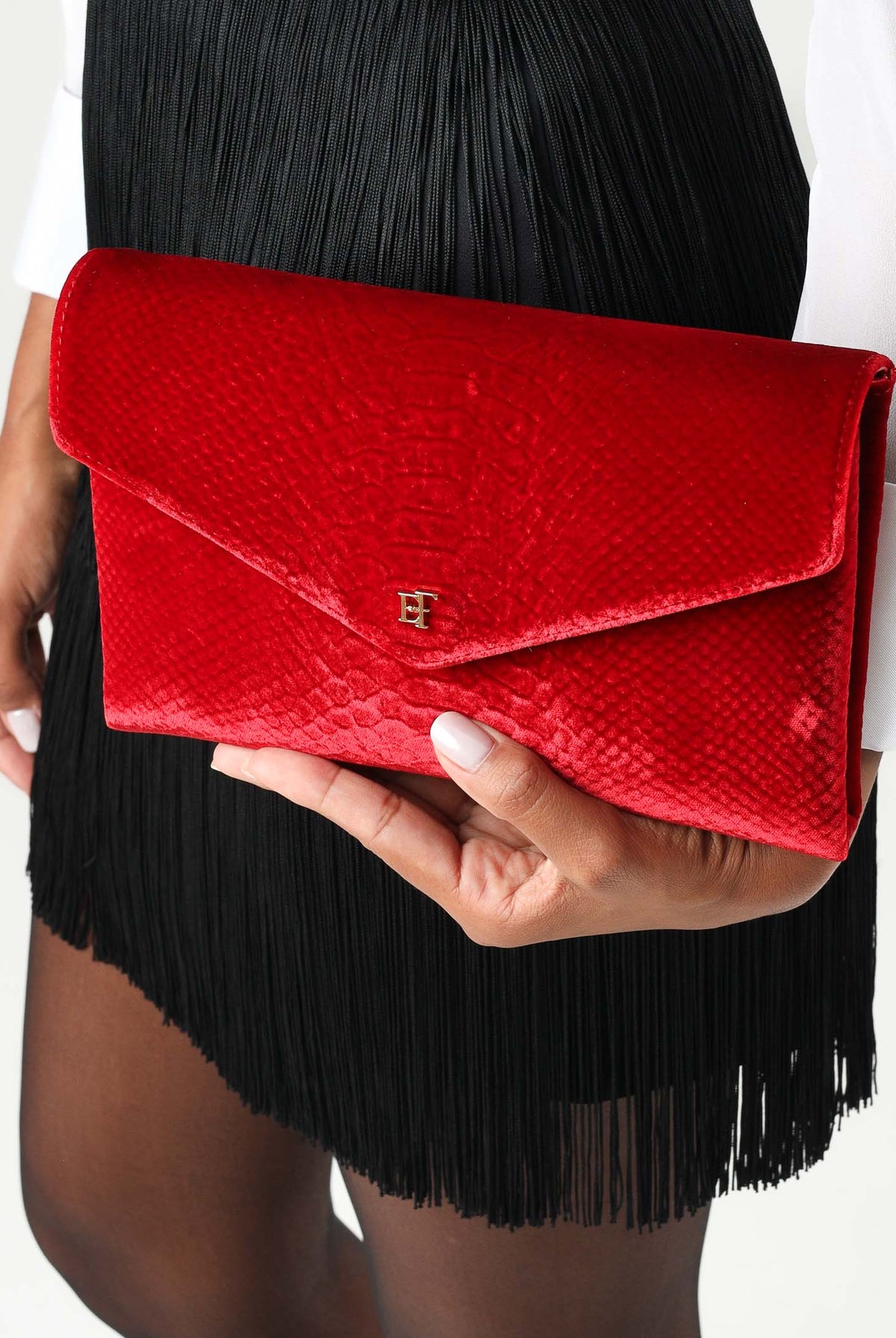 ELISABETTA FRANCHI Pochette a mano red passion rosso per donna con stampa coccodrillo, catena groumette e finiture in vernice. BS27A67E2 CG5 ELISABETTA FRANCHI