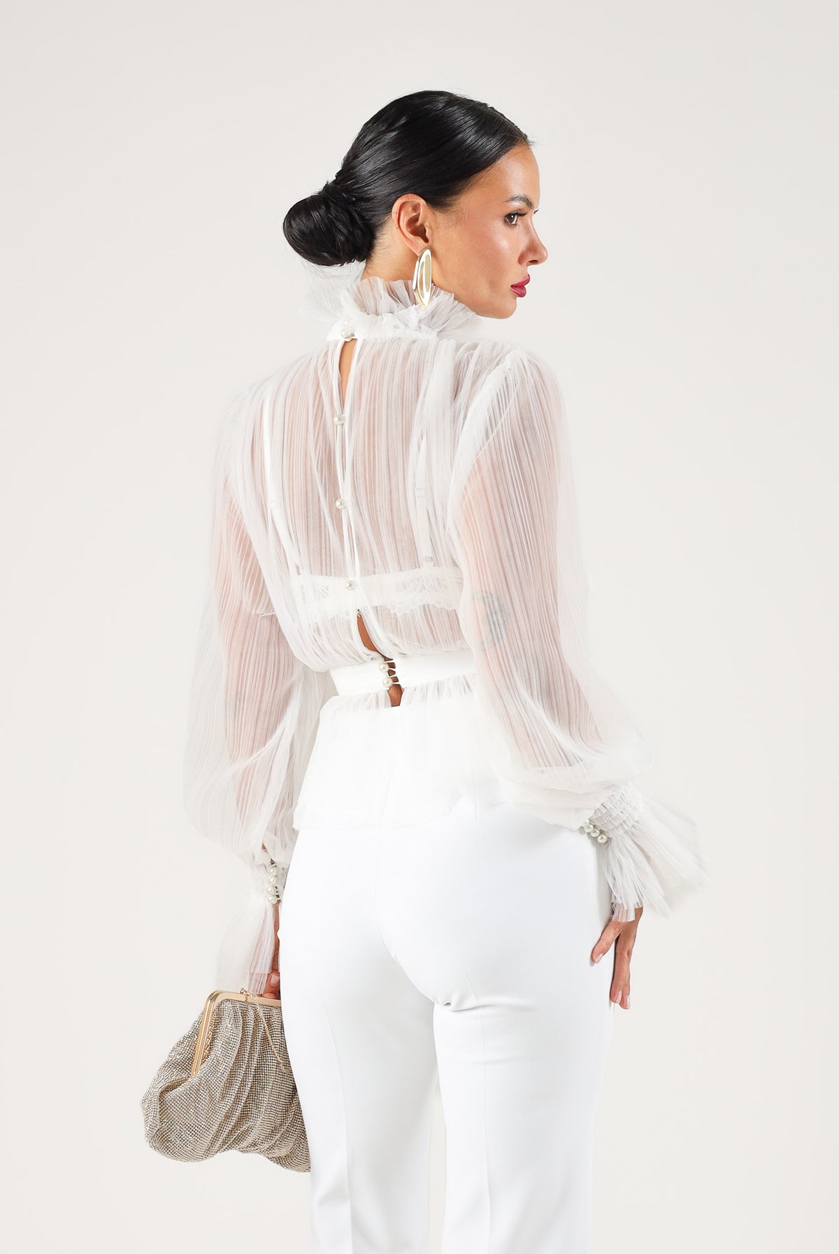 ELISABETTA FRANCHI Camicia in CRÊPON avorio da donna con ruches e maniche a palloncino<BR/> CA20467E2 360 ELISABETTA FRANCHI