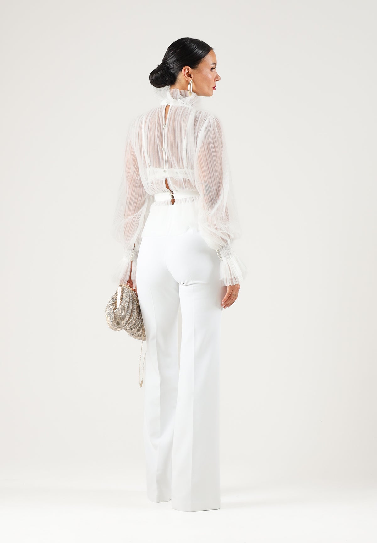 ELISABETTA FRANCHI Camicia in CRÊPON avorio da donna con ruches e maniche a palloncino<BR/> CA20467E2 360 ELISABETTA FRANCHI