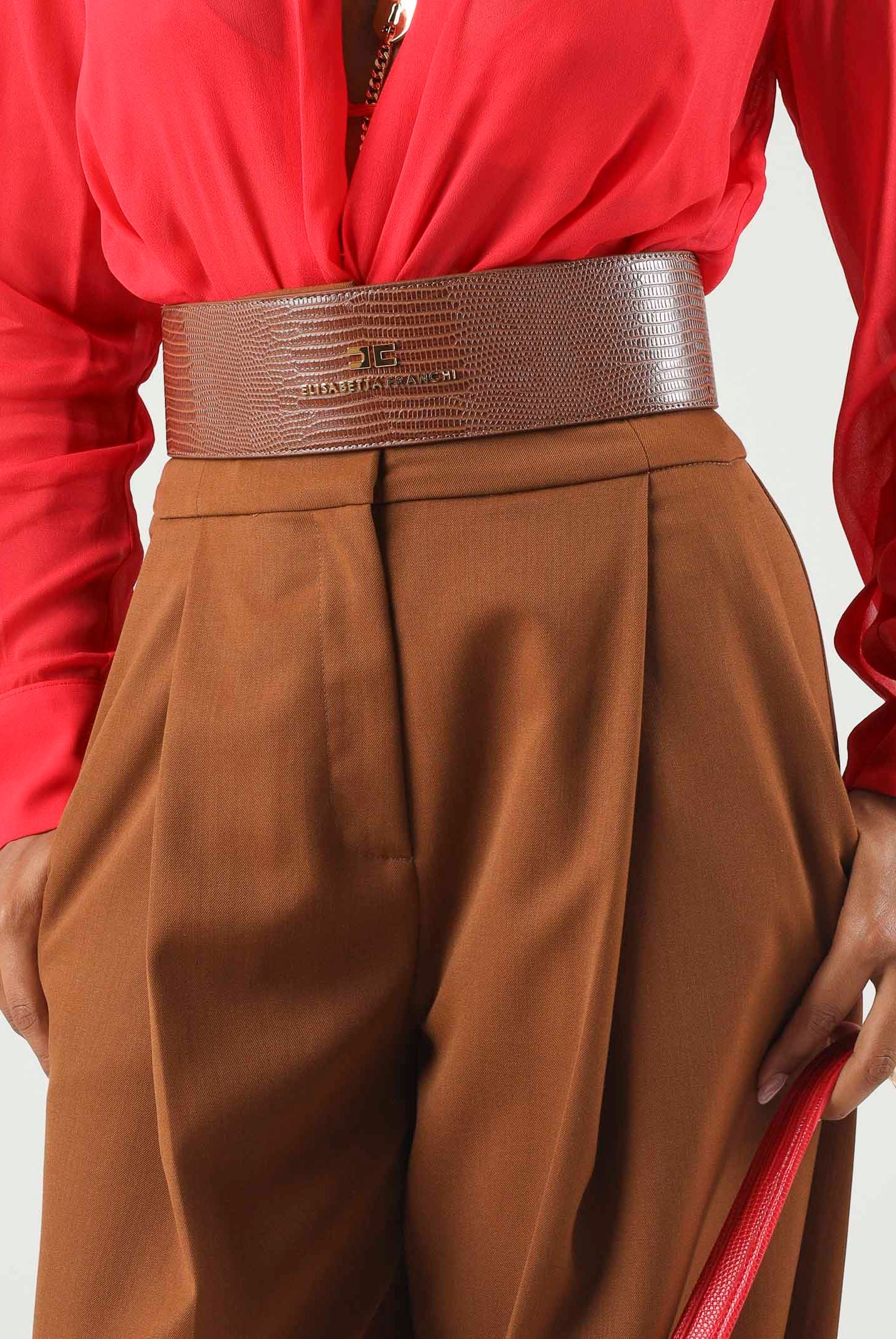 ELISABETTA FRANCHI Cintura alta in pelle sigaro-marrone da donna con lavorazione testurizzata e dettaglio logo CT29S66E2 FK3 ELISABETTA FRANCHI