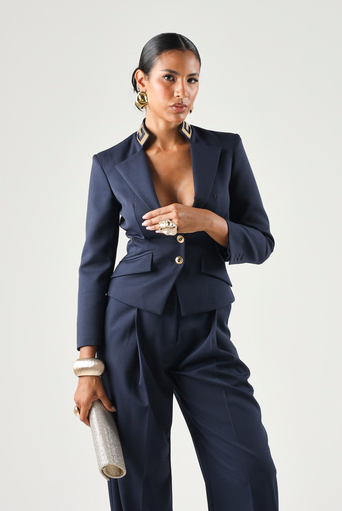 ELISABETTA FRANCHI Giacca in GAMBARDINA navy blu da donna con placca dorata. GI24966E2 B75 ELISABETTA FRANCHI