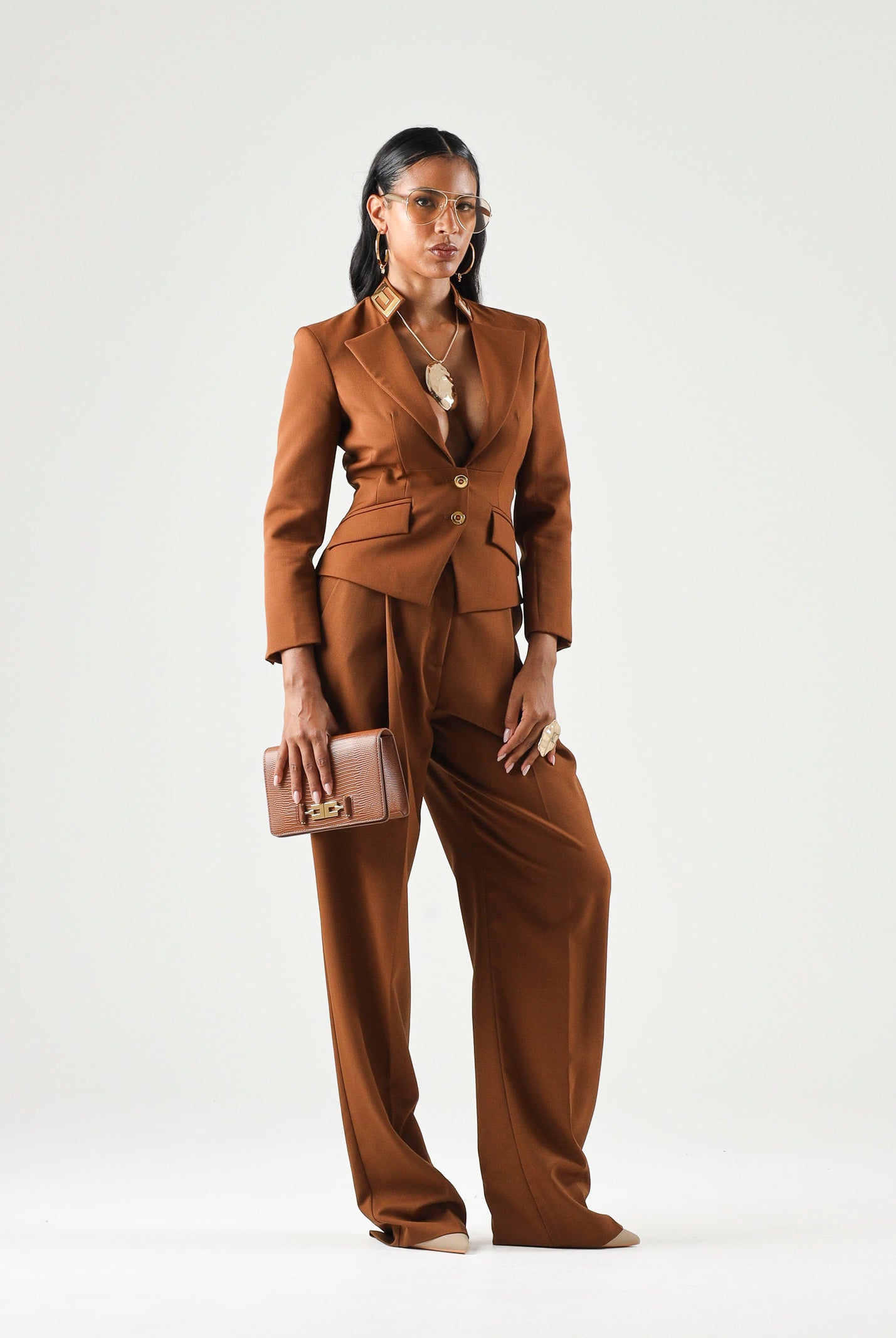 ELISABETTA FRANCHI Giacca in GABARDINA sigaro-marrone con collo gioiello da donna GI24966E2 FK3 ELISABETTA FRANCHI