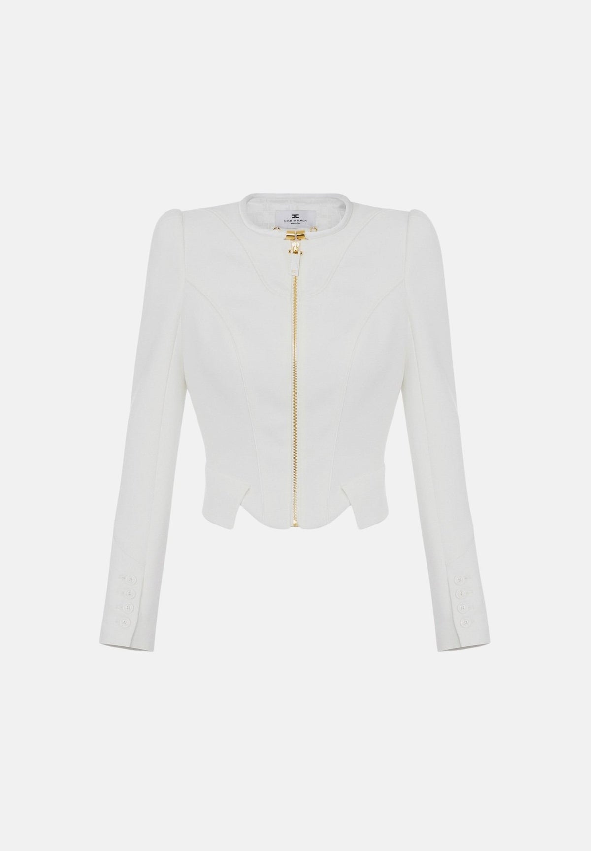 ELISABETTA FRANCHI Giacca avorio per donna con scollo a V, zip frontale dorata e design strutturato con spalline. GI25167E2 360 ELISABETTA FRANCHI