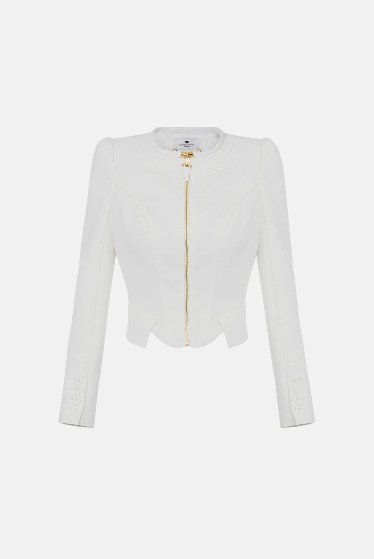 ELISABETTA FRANCHI Giacca avorio per donna con scollo a V, zip frontale dorata e design strutturato con spalline. GI25167E2 360 ELISABETTA FRANCHI