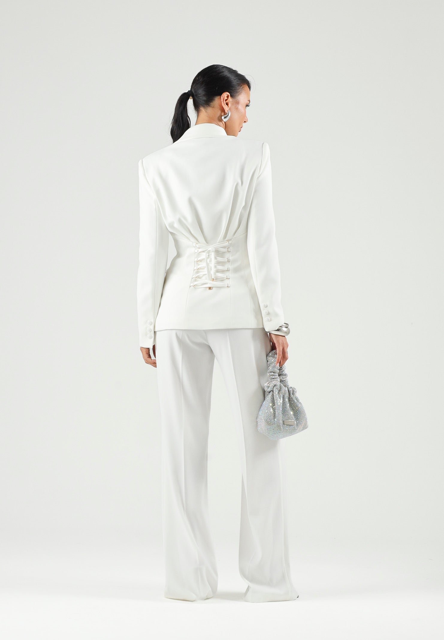 ELISABETTA FRANCHI Giacca avorio-bianca da donna con retro corsetto a lacci incrociati. GI27366E2 360 ELISABETTA FRANCHI