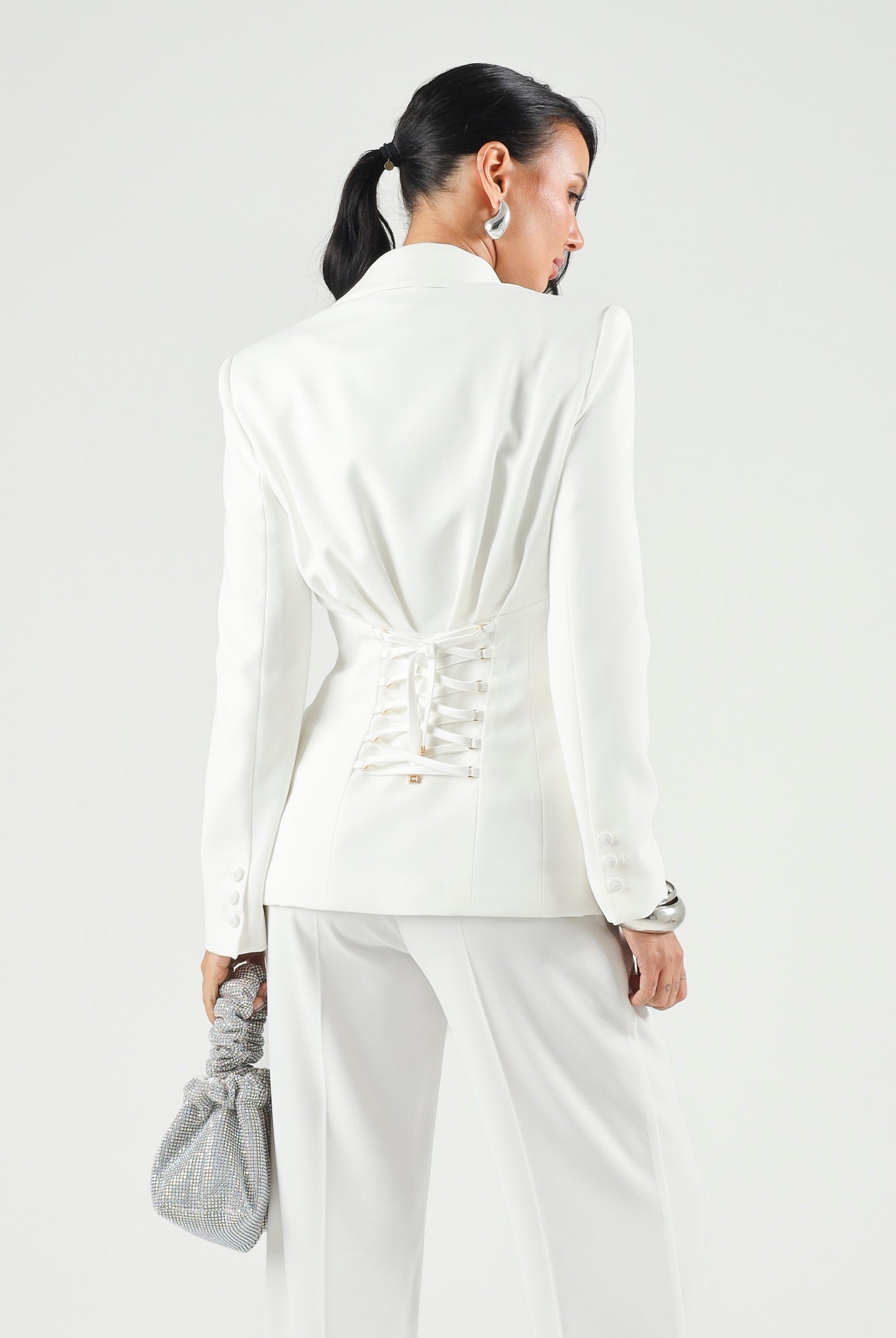 ELISABETTA FRANCHI Giacca avorio-bianca da donna con retro corsetto a lacci incrociati. GI27366E2 360 ELISABETTA FRANCHI