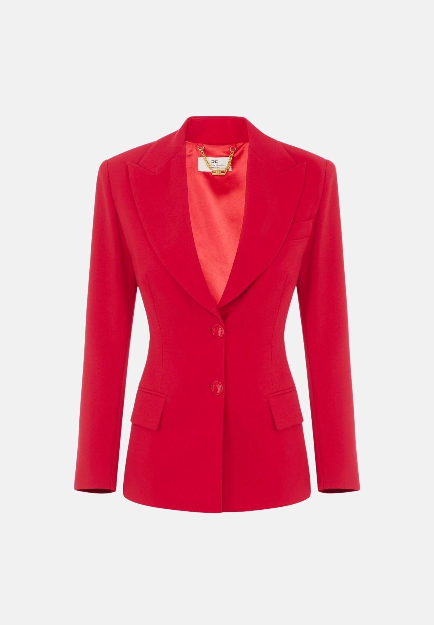 ELISABETTA FRANCHI Giacca IN CRÊPE monopetto red passion rosso da donna con dettaglio criss-cross sul retro.<BR/> GI27366E2 CG5 ELISABETTA FRANCHI