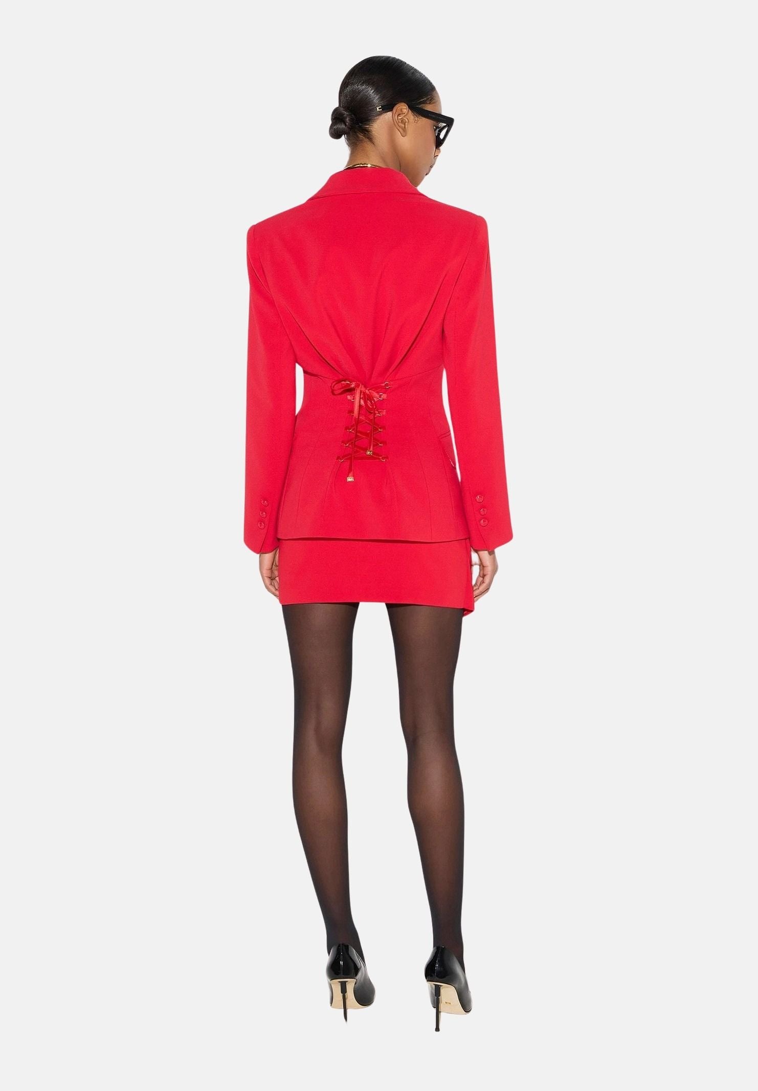 ELISABETTA FRANCHI Giacca IN CRÊPE monopetto red passion rosso da donna con dettaglio criss-cross sul retro.<BR/> GI27366E2 CG5 ELISABETTA FRANCHI