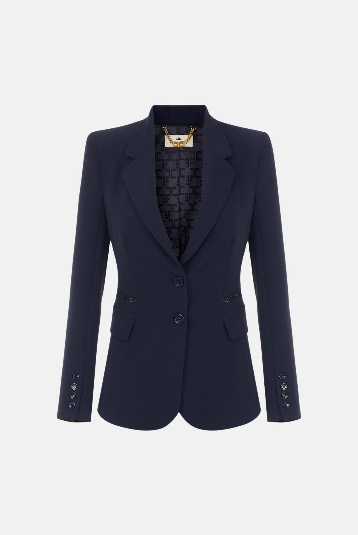 ELISABETTA FRANCHI Giacca monopetto IN CRÊPE STRETCH blu-notte da donna con morsetti logo<BR/> GI27466E2 H88 ELISABETTA FRANCHI