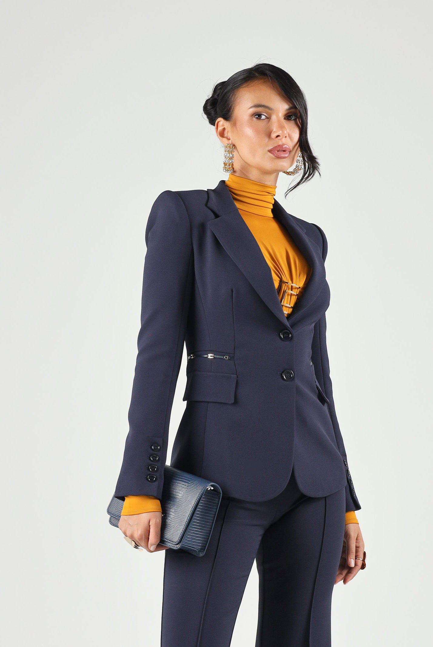 ELISABETTA FRANCHI Giacca IN CRÊPE STRETCH blu-notte da donna con morsetti logo<BR/> GI27466E2 H88 ELISABETTA FRANCHI