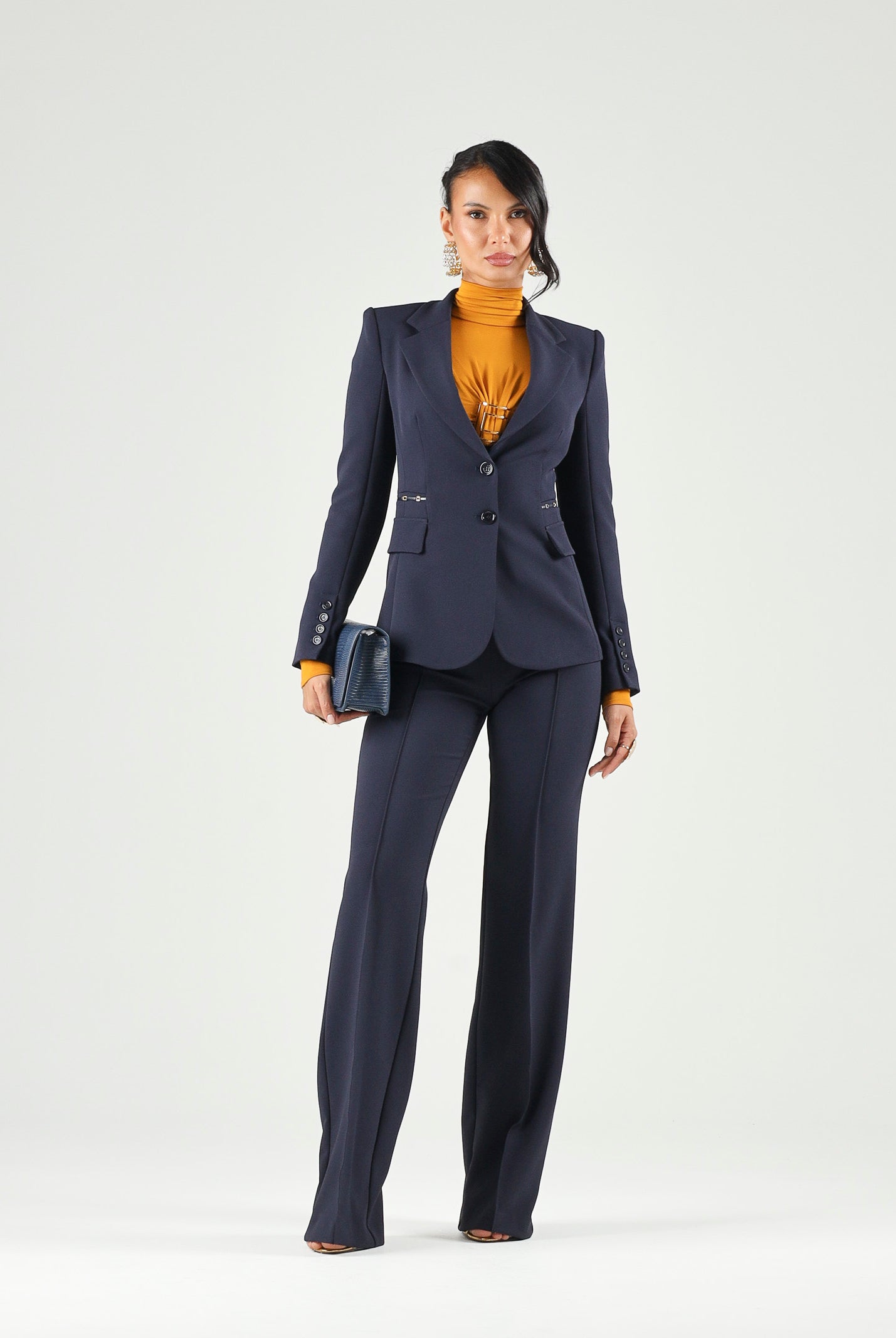 ELISABETTA FRANCHI Giacca IN CRÊPE STRETCH blu-notte da donna con morsetti logo<BR/> GI27466E2 H88 ELISABETTA FRANCHI