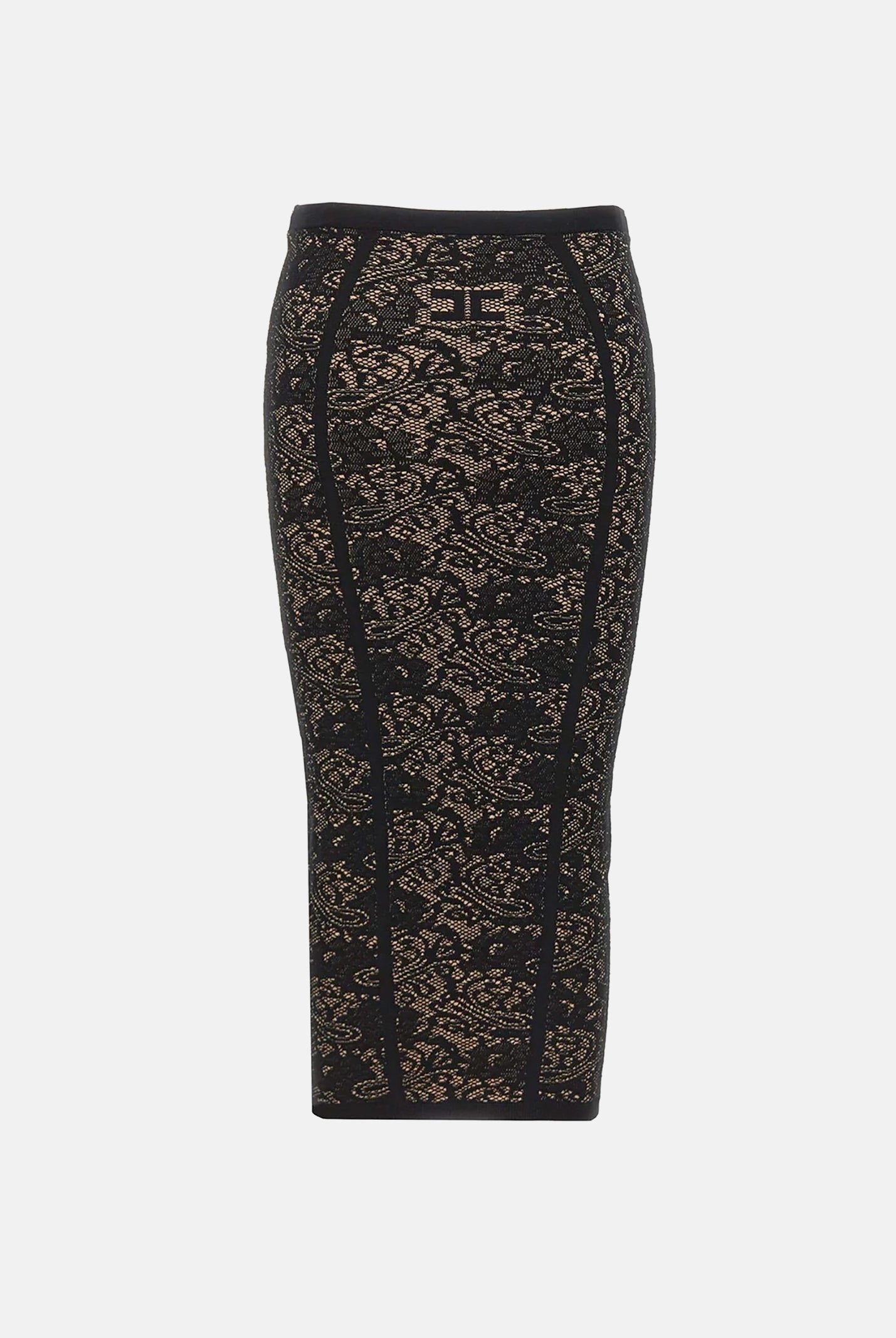 ELISABETTA FRANCHI Gonna TRICOT MOTIVO JACQUARD nera da donna con fantasia effetto pizzo a contrasto. GK12Q66E2 FR9 ELISABETTA FRANCHI