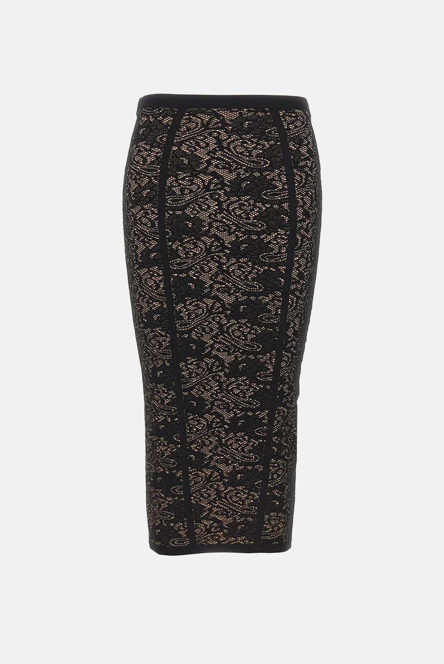 ELISABETTA FRANCHI Gonna TRICOT MOTIVO JACQUARD nera da donna con fantasia effetto pizzo a contrasto. GK12Q66E2 FR9 ELISABETTA FRANCHI