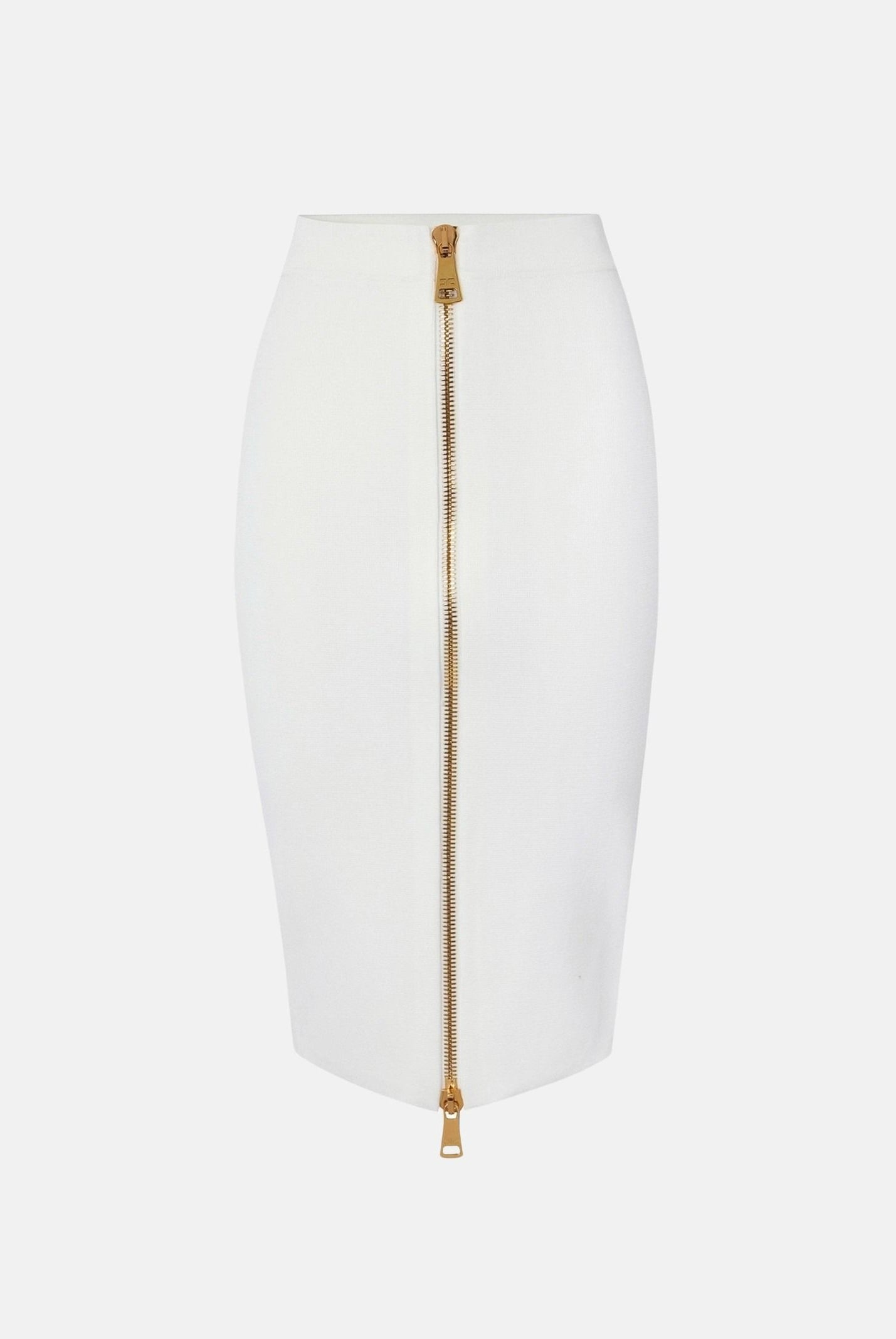 ELISABETTA FRANCHI Gonna midi avorio-bianco da donna con maxi zip frontale dorata.<BR/> GK28B66E2 360 ELISABETTA FRANCHI