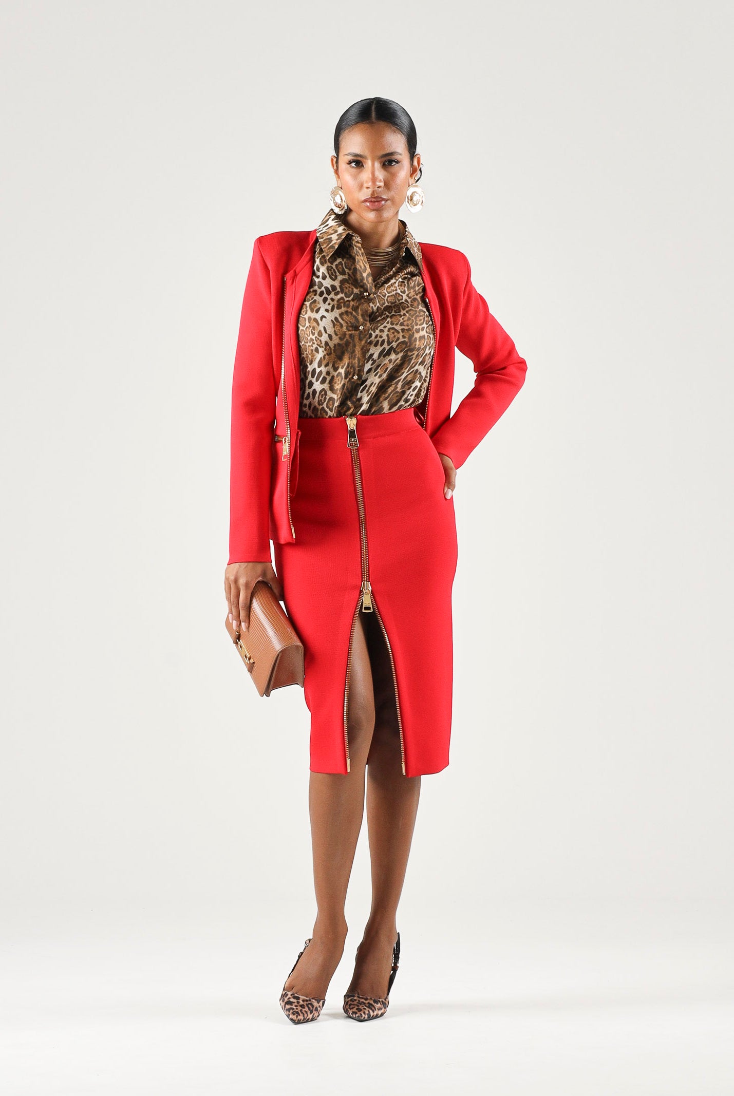 ELISABETTA FRANCHI Gonna in maglia red passion rosso da donna con zip frontale dorata. GK28B66E2 CG5 ELISABETTA FRANCHI