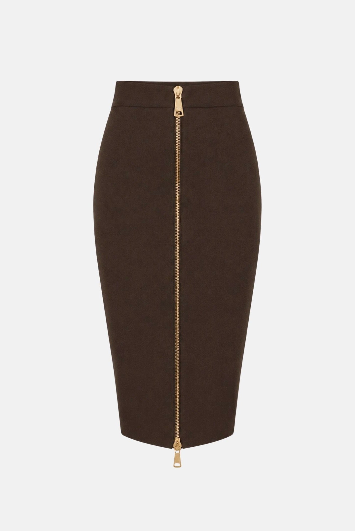 ELISABETTA FRANCHI Gonna in maglia coffè-marrone da donna con zip frontale dorata. GK28B66E2 EV9 ELISABETTA FRANCHI