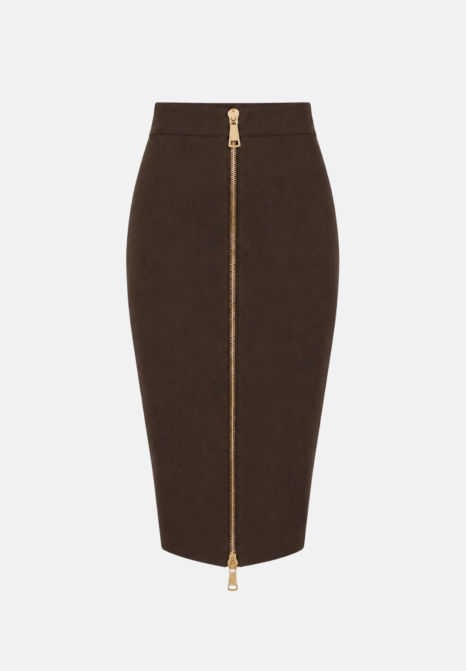 ELISABETTA FRANCHI Gonna in maglia coffè-marrone da donna con zip frontale dorata. GK28B66E2 EV9 ELISABETTA FRANCHI