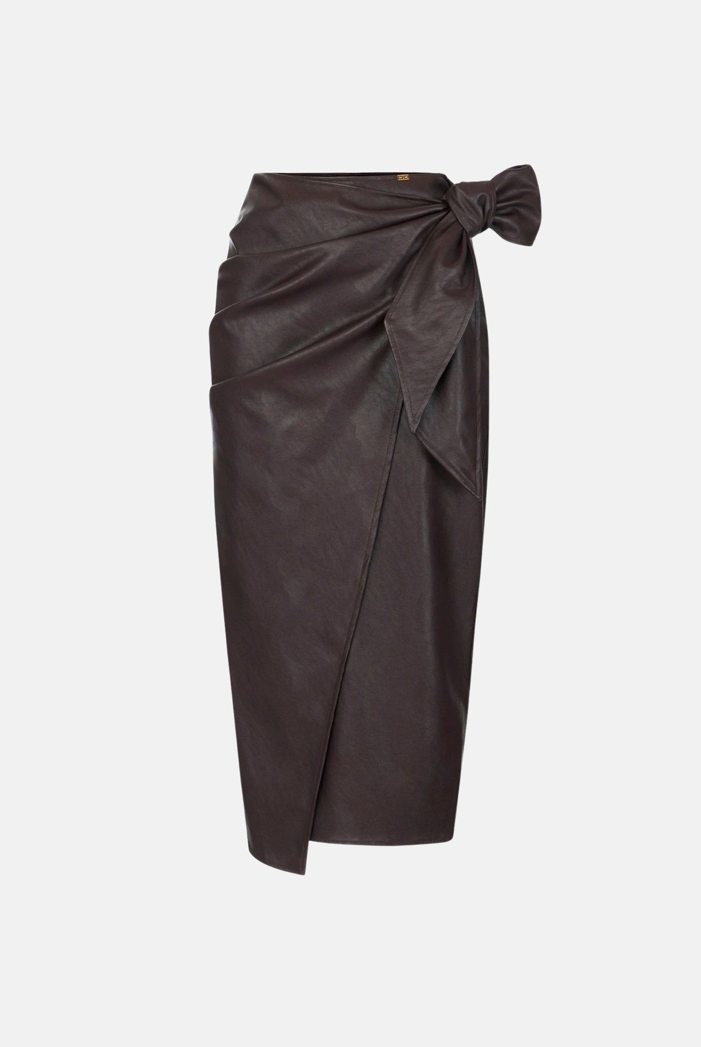 ELISABETTA FRANCHI Gonna midi dark chocolate marrone scuro da donna con drappeggi e fusciacca laterale.<BR/> GO21866E2 EV9 ELISABETTA FRANCHI
