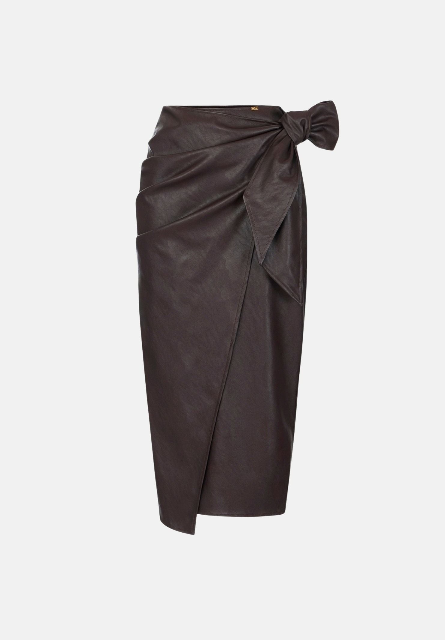 ELISABETTA FRANCHI Gonna midi dark chocolate marrone scuro da donna con drappeggi e fusciacca laterale.<BR/> GO21866E2 EV9 ELISABETTA FRANCHI