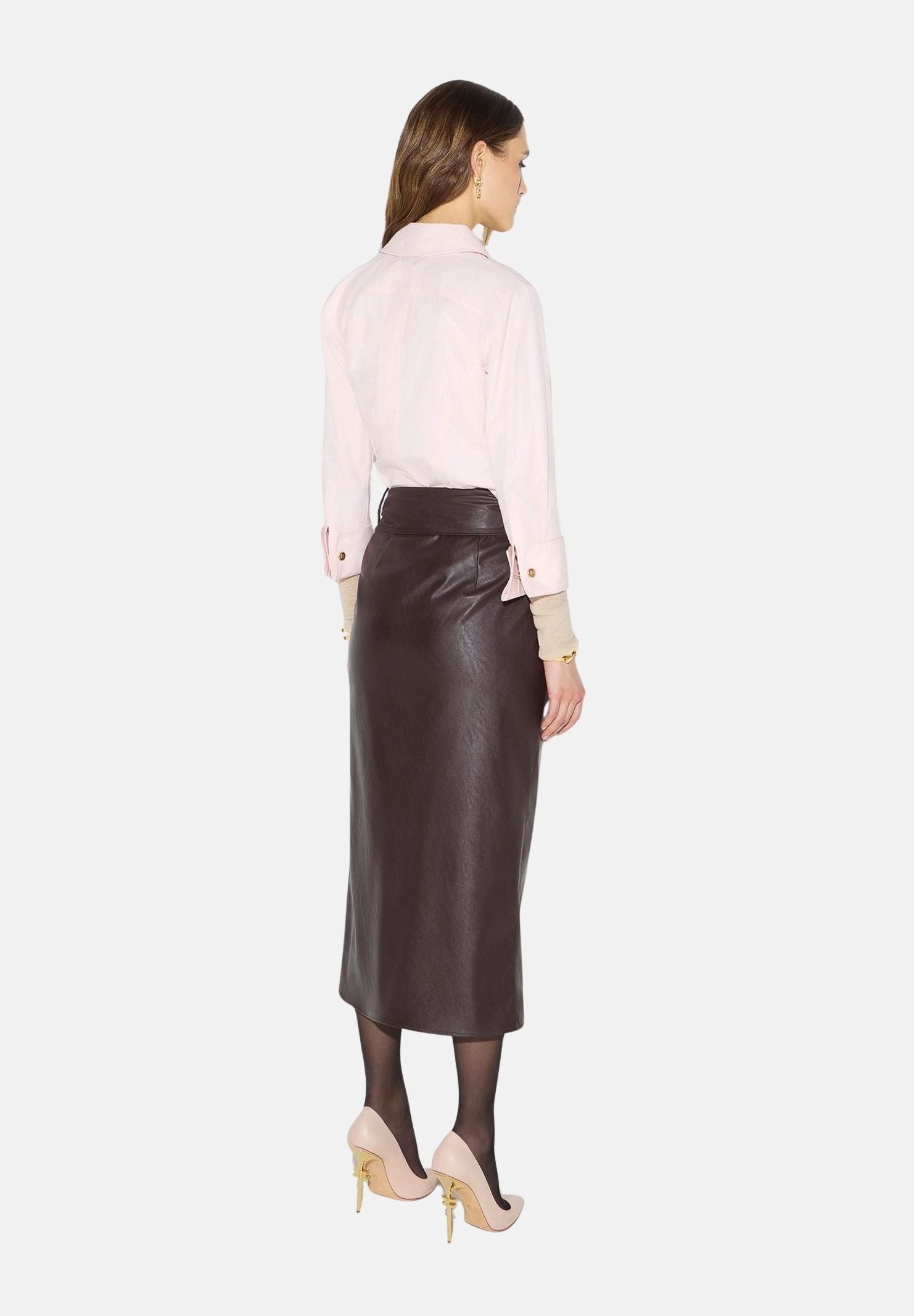 ELISABETTA FRANCHI Gonna midi dark chocolate marrone scuro da donna con drappeggi e fusciacca laterale.<BR/> GO21866E2 EV9 ELISABETTA FRANCHI