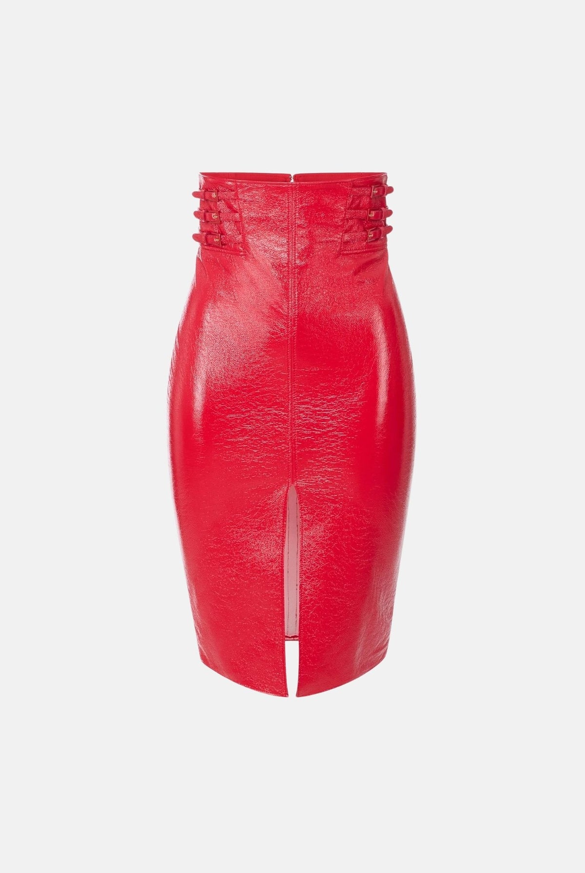 ELISABETTA FRANCHI Gonna midi red passion rossa da donna con vita alta arricciata e spacco frontale centrale. GO24167E2 CG5 ELISABETTA FRANCHI