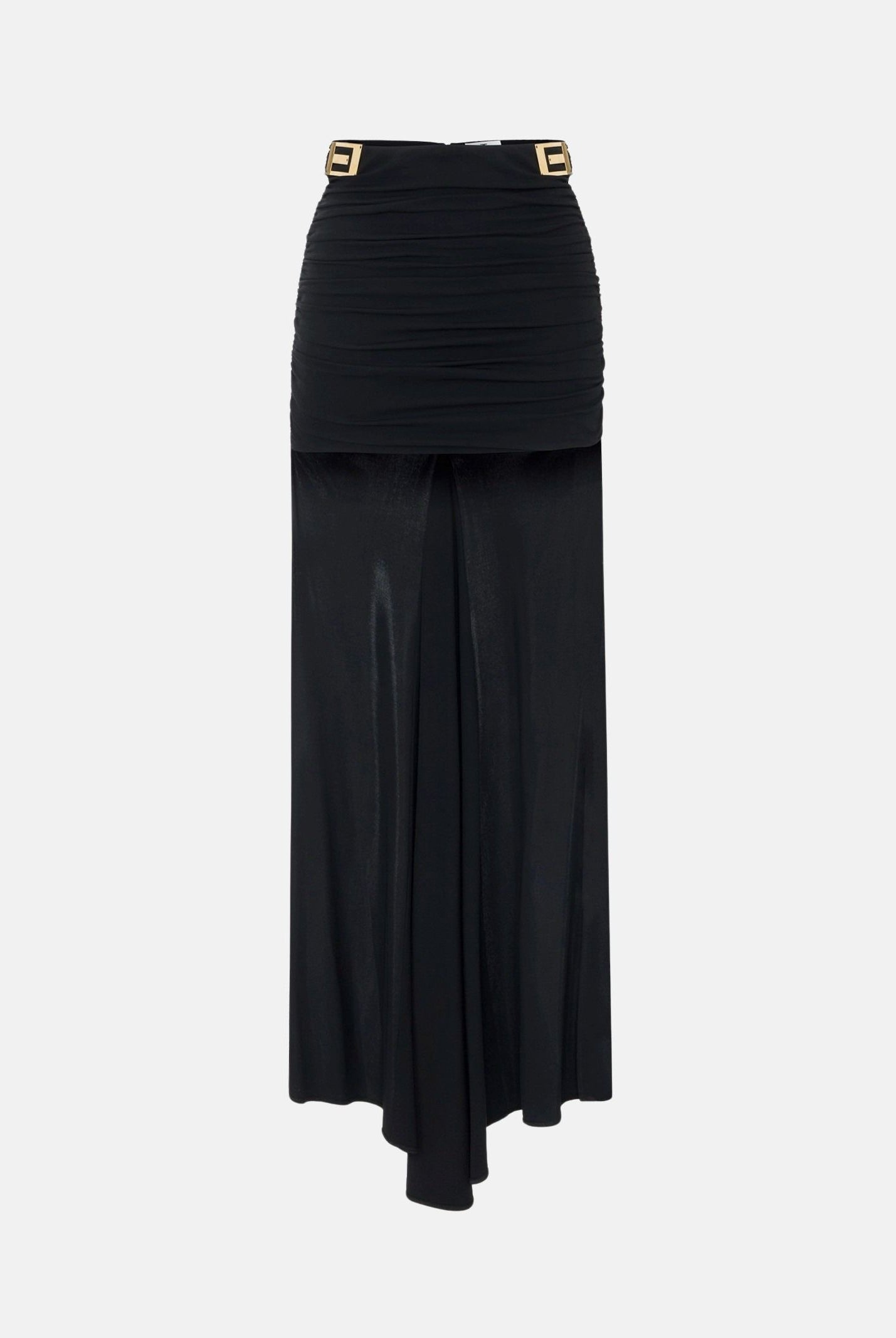 ELISABETTA FRANCHI Gonna in jersey nero da donna con drappeggio e dettagli logo dorati.<BR/> GO24867E2 110 ELISABETTA FRANCHI