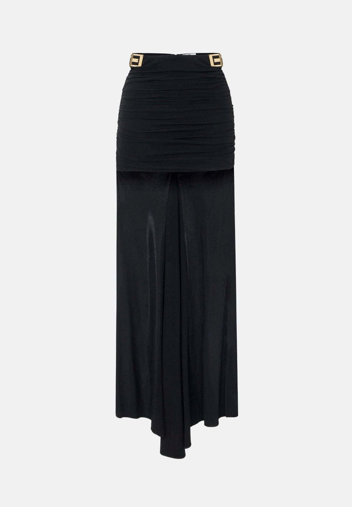 ELISABETTA FRANCHI Gonna in jersey nero da donna con drappeggio e dettagli logo dorati.<BR/> GO24867E2 110 ELISABETTA FRANCHI