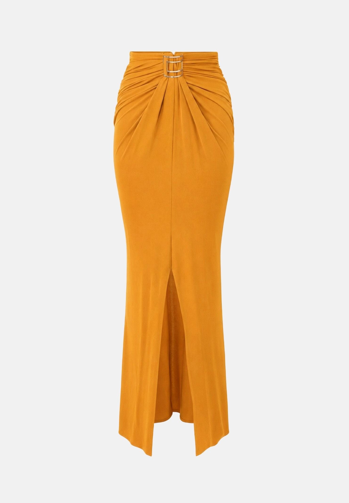 ELISABETTA FRANCHI Gonna in jersey ambra-giallo ocra da donna con drappeggi e spacco anteriore. GO25167E2 940 ELISABETTA FRANCHI