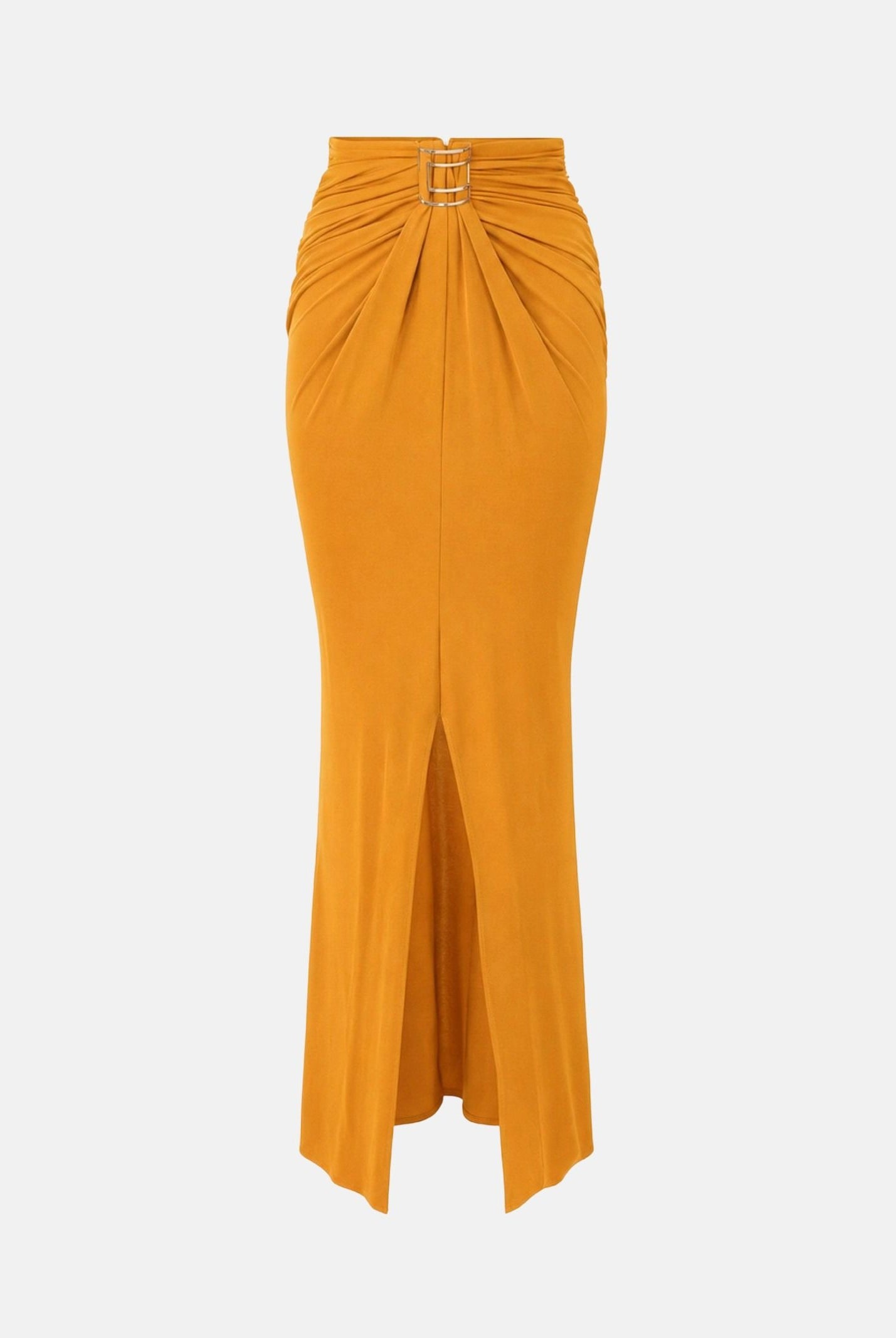 ELISABETTA FRANCHI Gonna in jersey ambra-giallo ocra da donna con drappeggi e spacco anteriore. GO25167E2 940 ELISABETTA FRANCHI