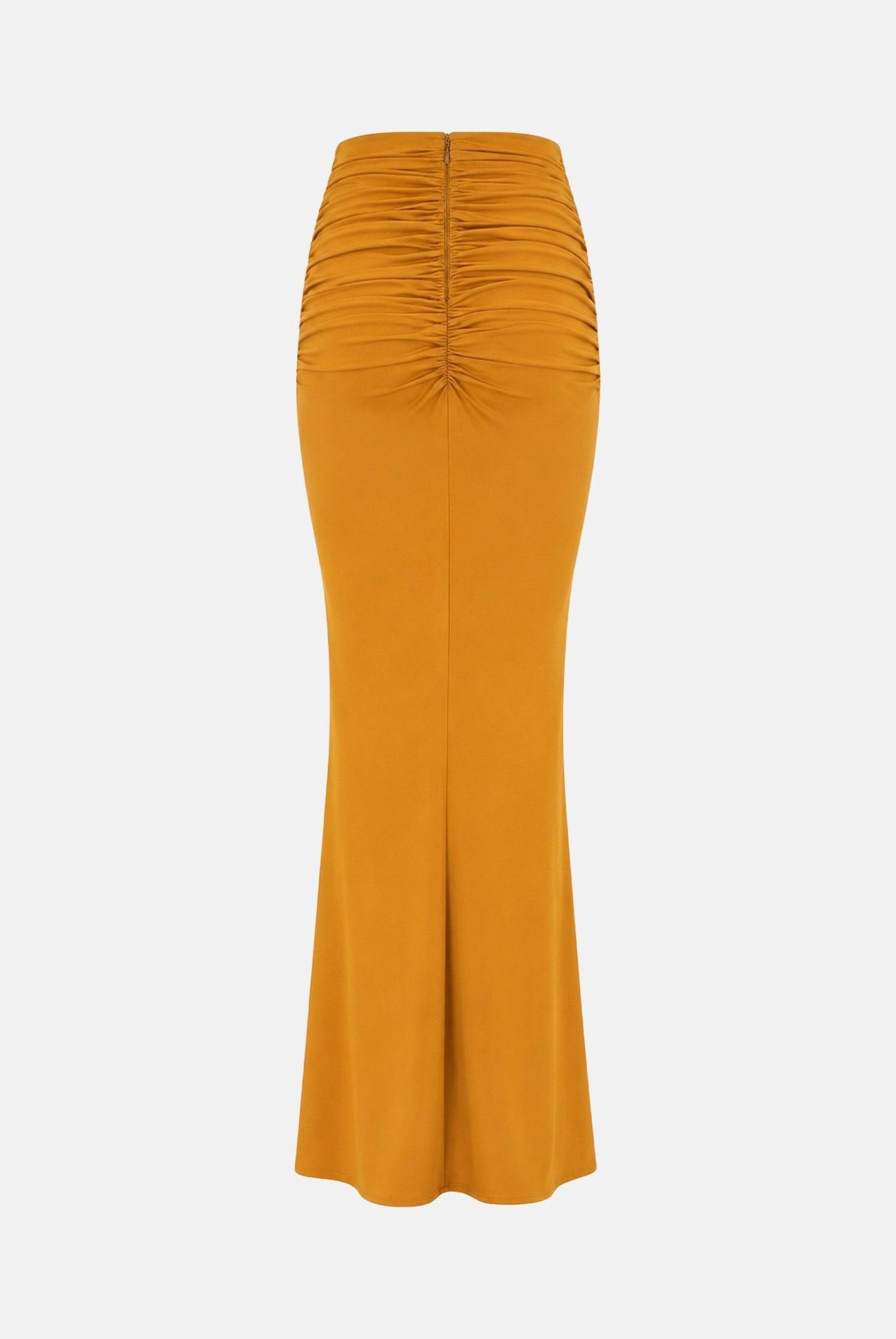 ELISABETTA FRANCHI Gonna in jersey ambra-giallo ocra da donna con drappeggi e spacco anteriore. GO25167E2 940 ELISABETTA FRANCHI
