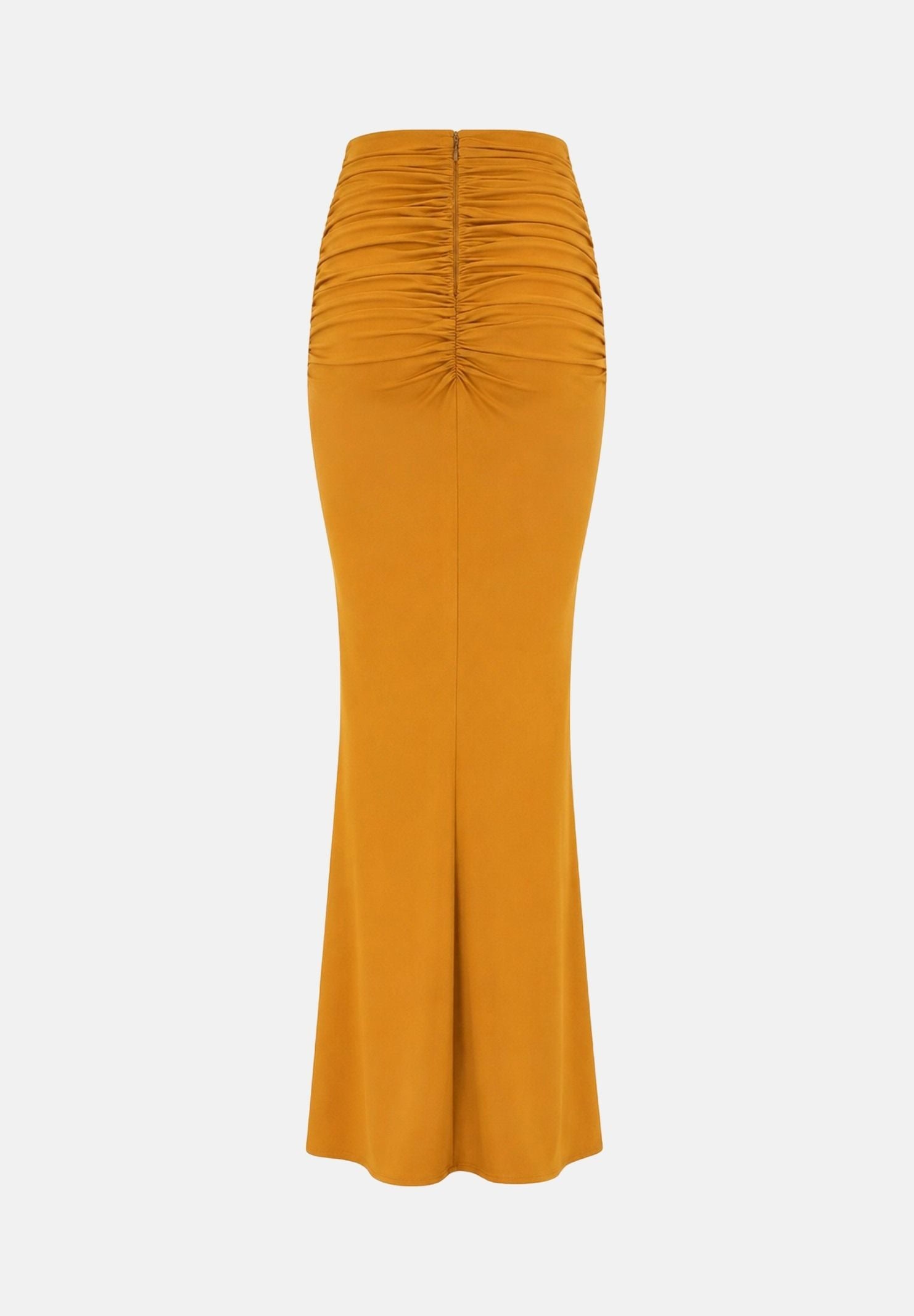 ELISABETTA FRANCHI Gonna in jersey ambra-giallo ocra da donna con drappeggi e spacco anteriore. GO25167E2 940 ELISABETTA FRANCHI