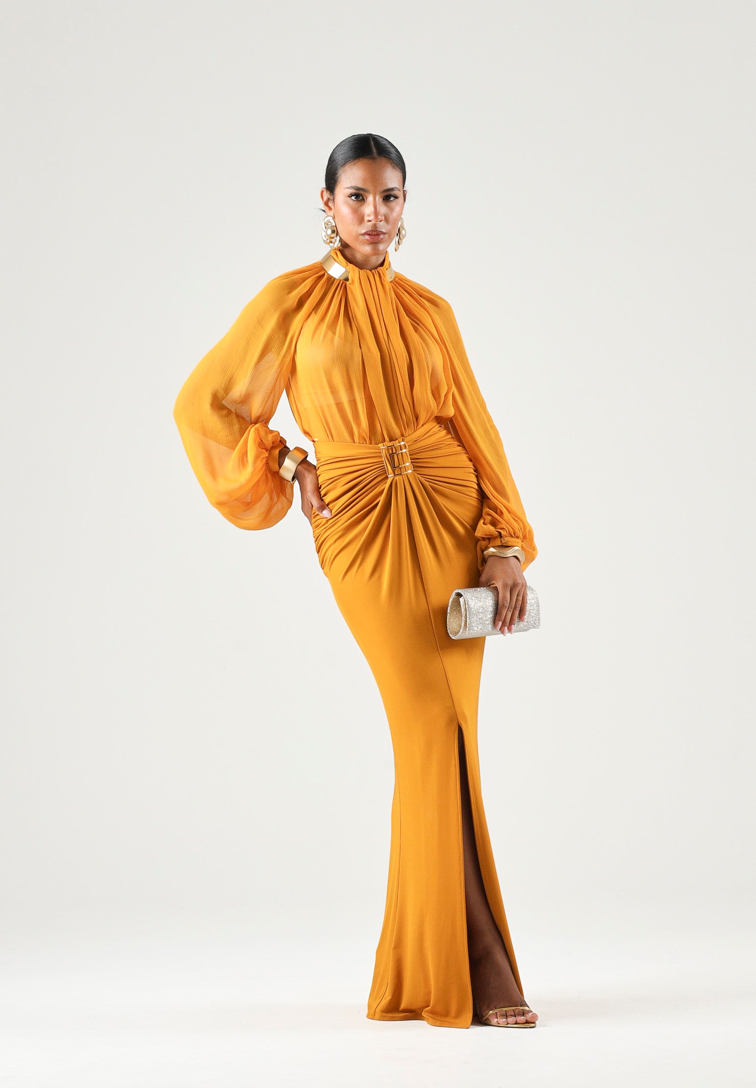 ELISABETTA FRANCHI Gonna in jersey ambra-giallo ocra da donna con drappeggi e spacco anteriore. GO25167E2 940 ELISABETTA FRANCHI