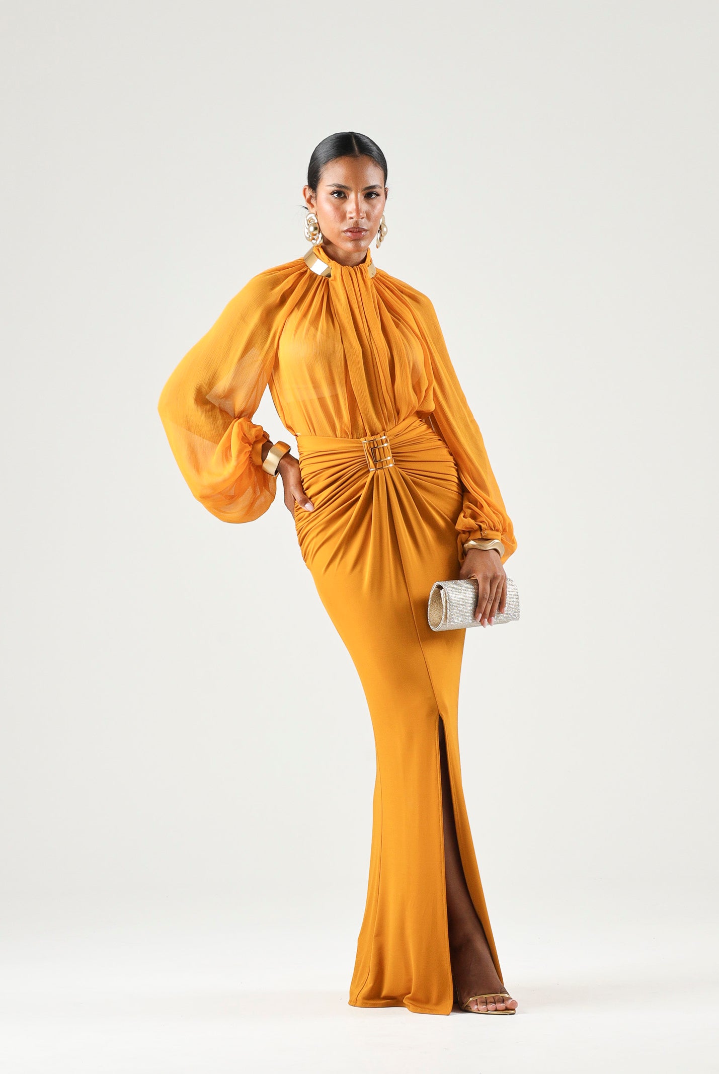 ELISABETTA FRANCHI Gonna in jersey ambra-giallo ocra da donna con drappeggi e spacco anteriore. GO25167E2 940 ELISABETTA FRANCHI