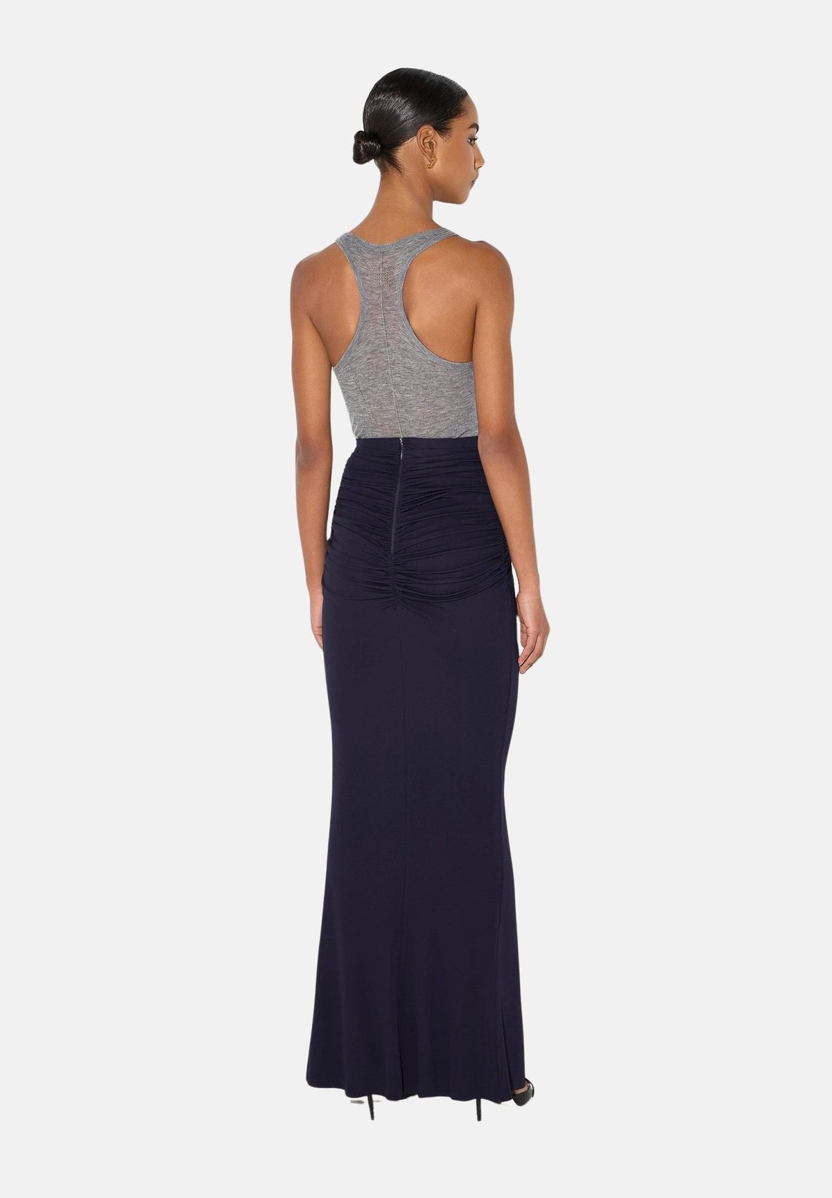 ELISABETTA FRANCHI Gonna lunga blu notte da donna con drappeggi e spacco anteriore.<BR/> GO25167E2 H88 ELISABETTA FRANCHI