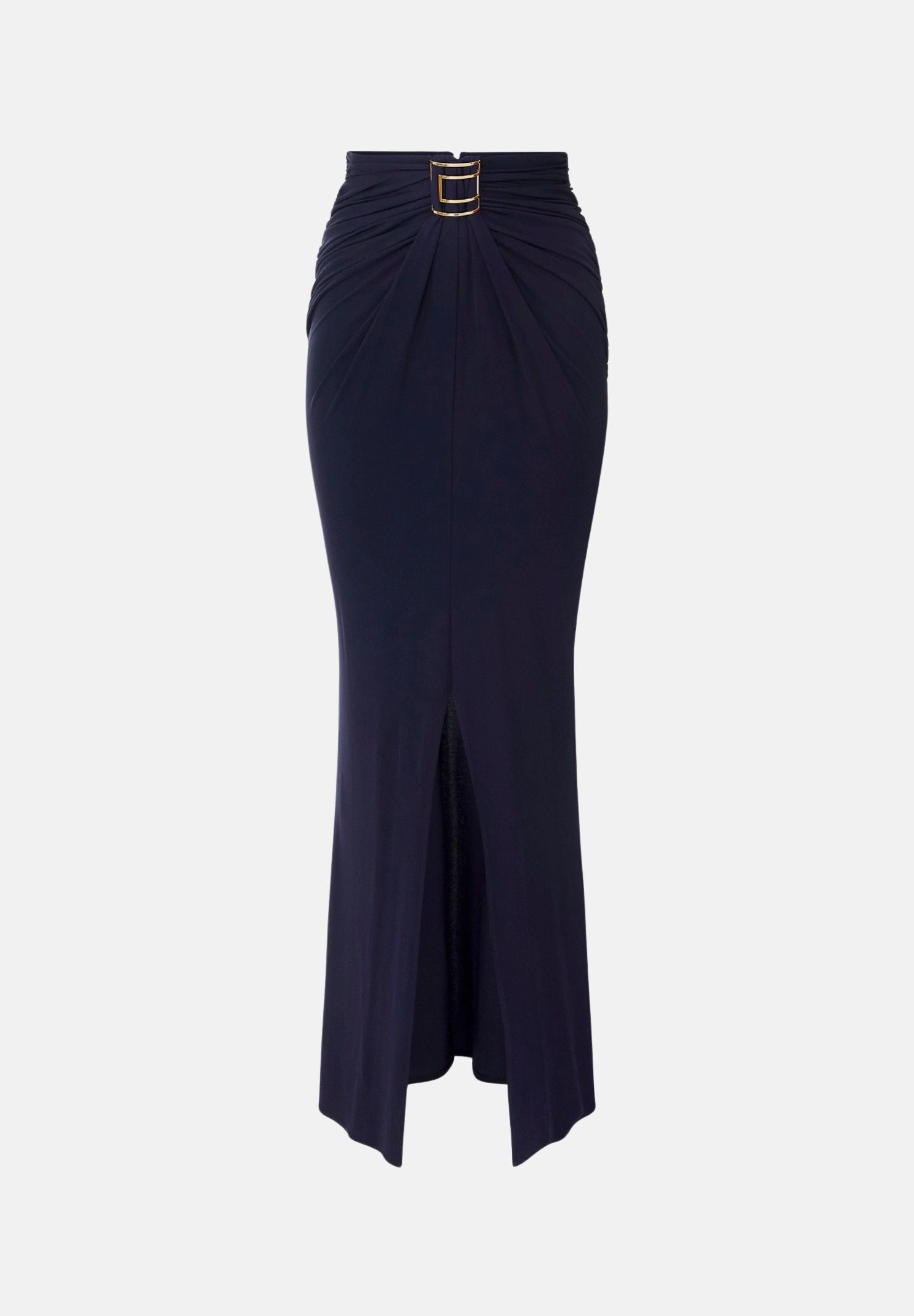 ELISABETTA FRANCHI Gonna lunga blu notte da donna con drappeggi e spacco anteriore.<BR/> GO25167E2 H88 ELISABETTA FRANCHI