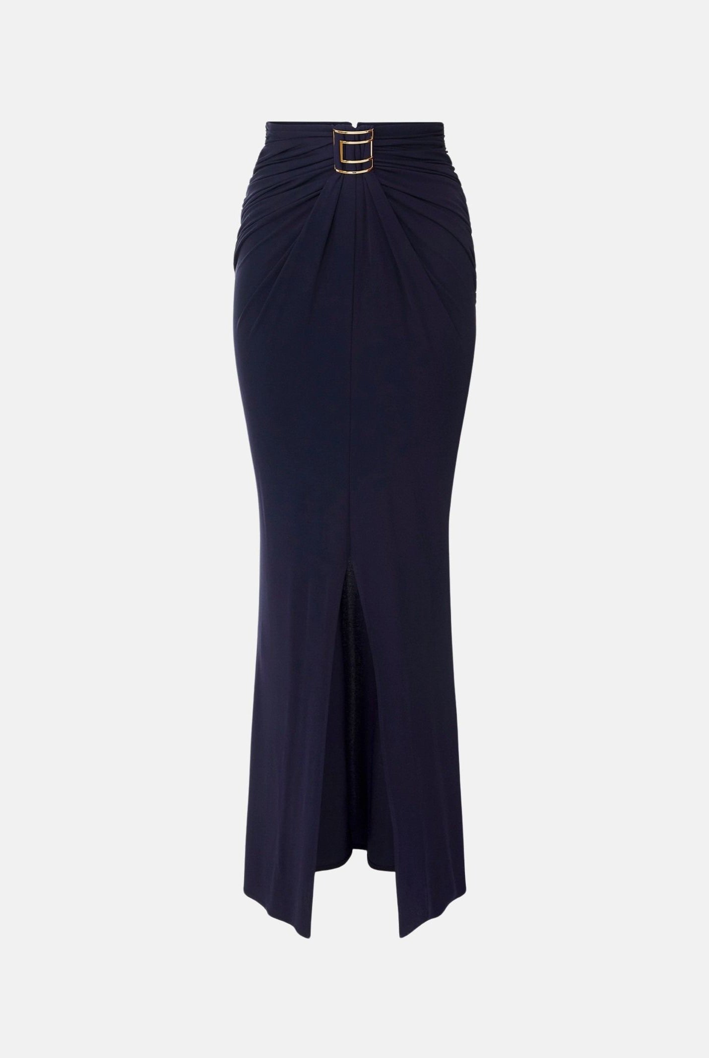 ELISABETTA FRANCHI Gonna lunga blu notte da donna con drappeggi e spacco anteriore.<BR/> GO25167E2 H88 ELISABETTA FRANCHI