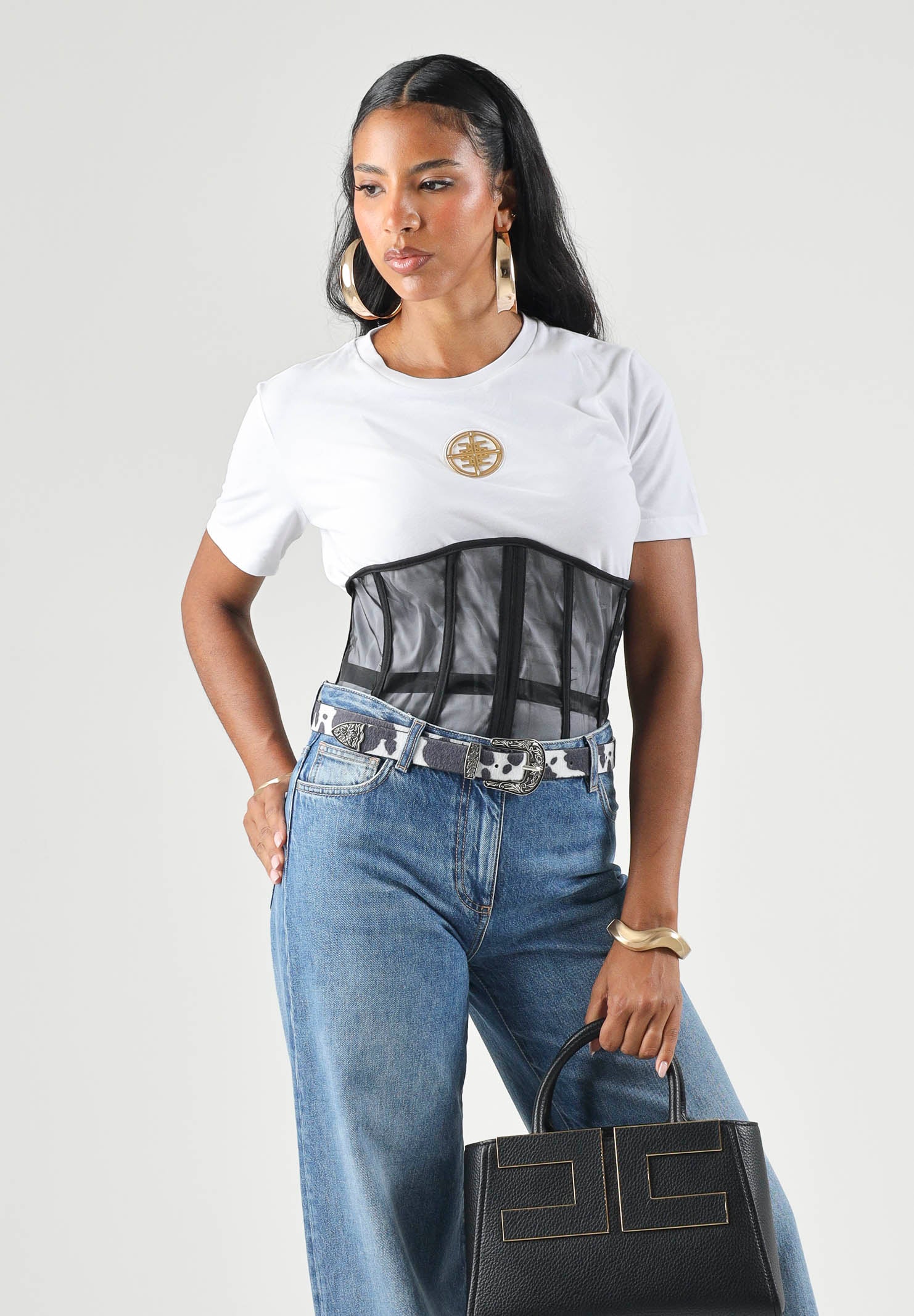 ELISABETTA FRACHI T-shirt manica corta gesso- bianca da donna con logo gioiello MA00866E2 270 ELISABETTA FRANCHI