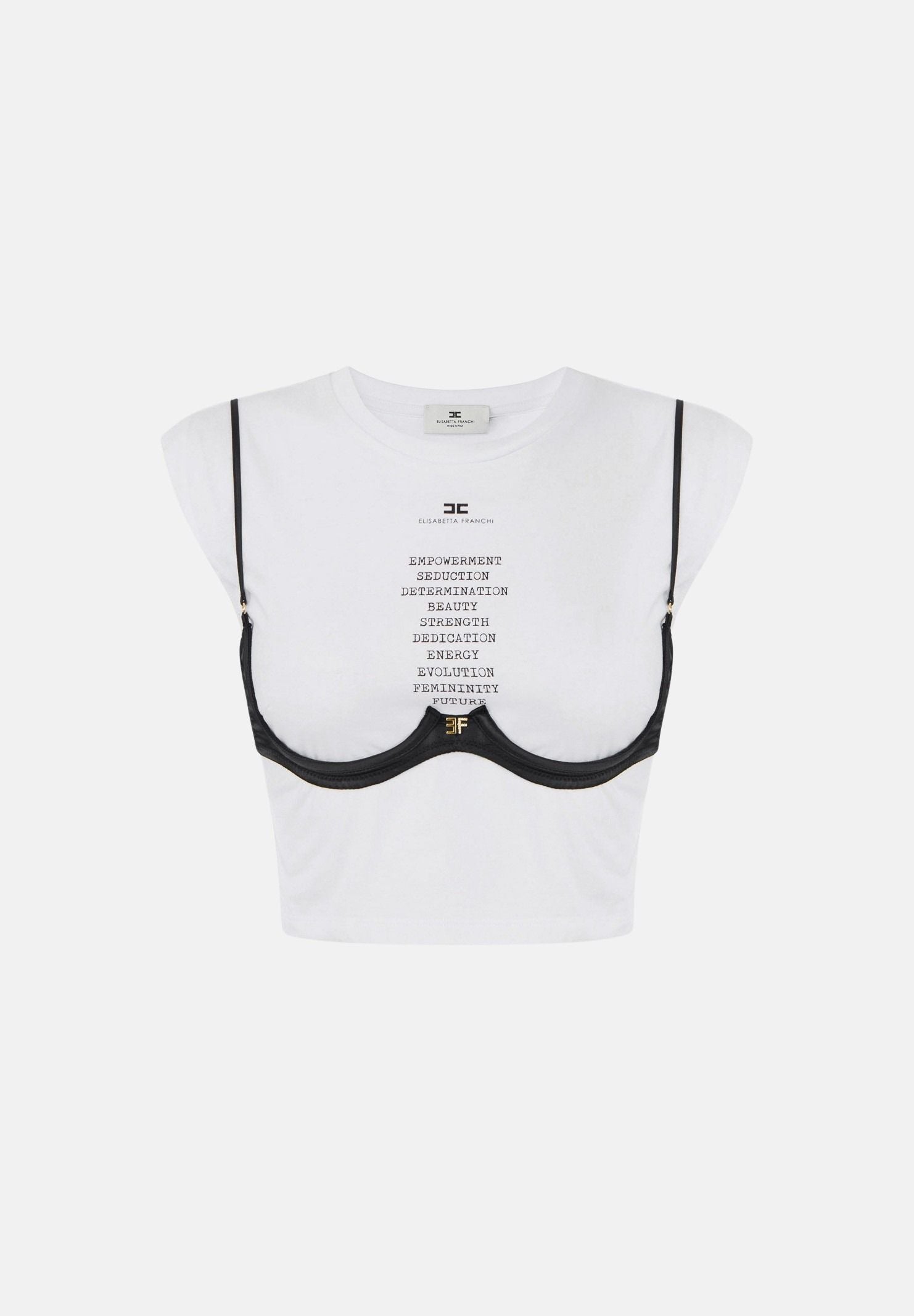 ELISABETTA FRANCHI T-shirt manica corta gesso bianco da donna con reggiseno applicato, stampa lettering<BR/> MA71P66E2 270 ELISABETTA FRANCHI