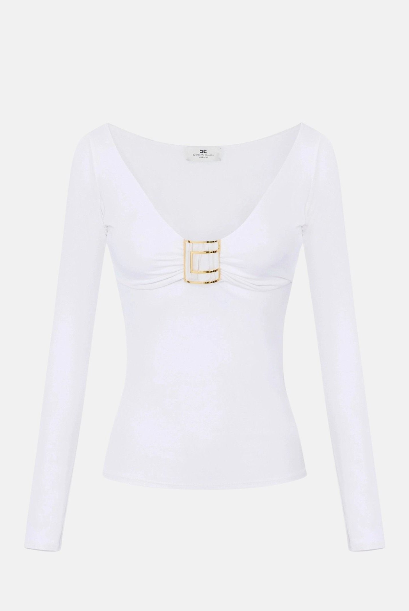 ELISABETTA FRANCHI Maglia scollo a V, avorio-bianco da donna con dettaglio gioiello centrale MD00567E2 360 ELISABETTA FRANCHI