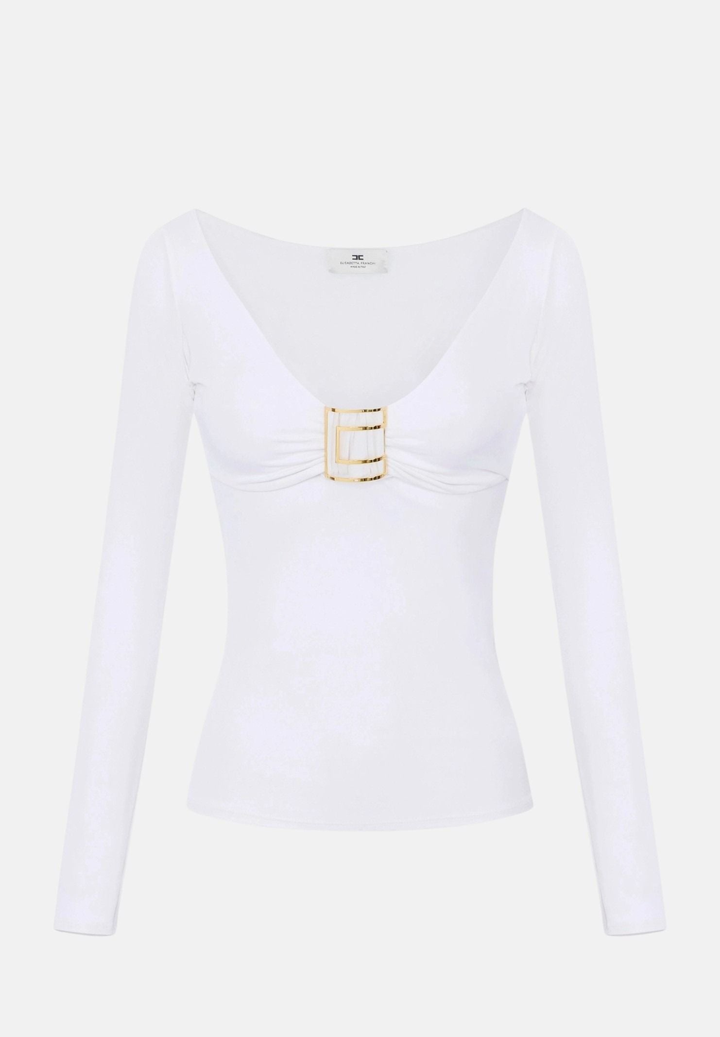 ELISABETTA FRANCHI Maglia scollo a V, avorio-bianco da donna con dettaglio gioiello centrale MD00567E2 360 ELISABETTA FRANCHI