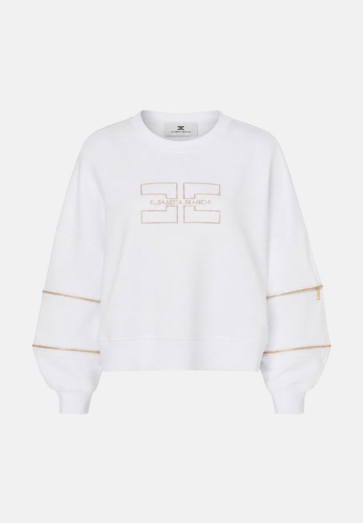 ELISABETTA FRANCHI Felpa girocollo gesso bianco da donna con logo frontale e dettagli a contrasto sulle maniche. MD05P66E2 270 ELISABETTA FRANCHI