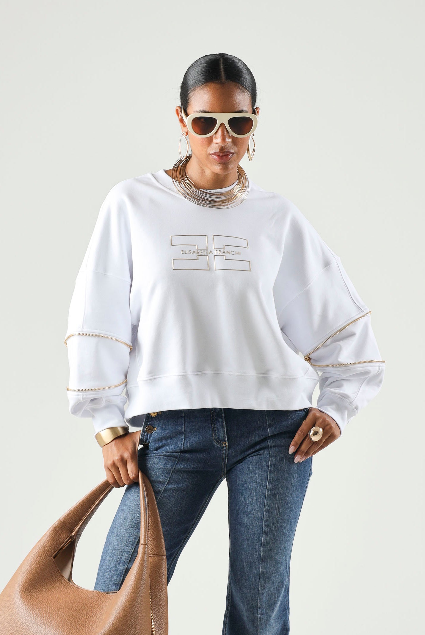 ELISABETTA FRANCHI Maglia Gesso bianco da donna con logo frontale e dettagli a contrasto sulle maniche. MD05P66E2 270 ELISABETTA FRANCHI