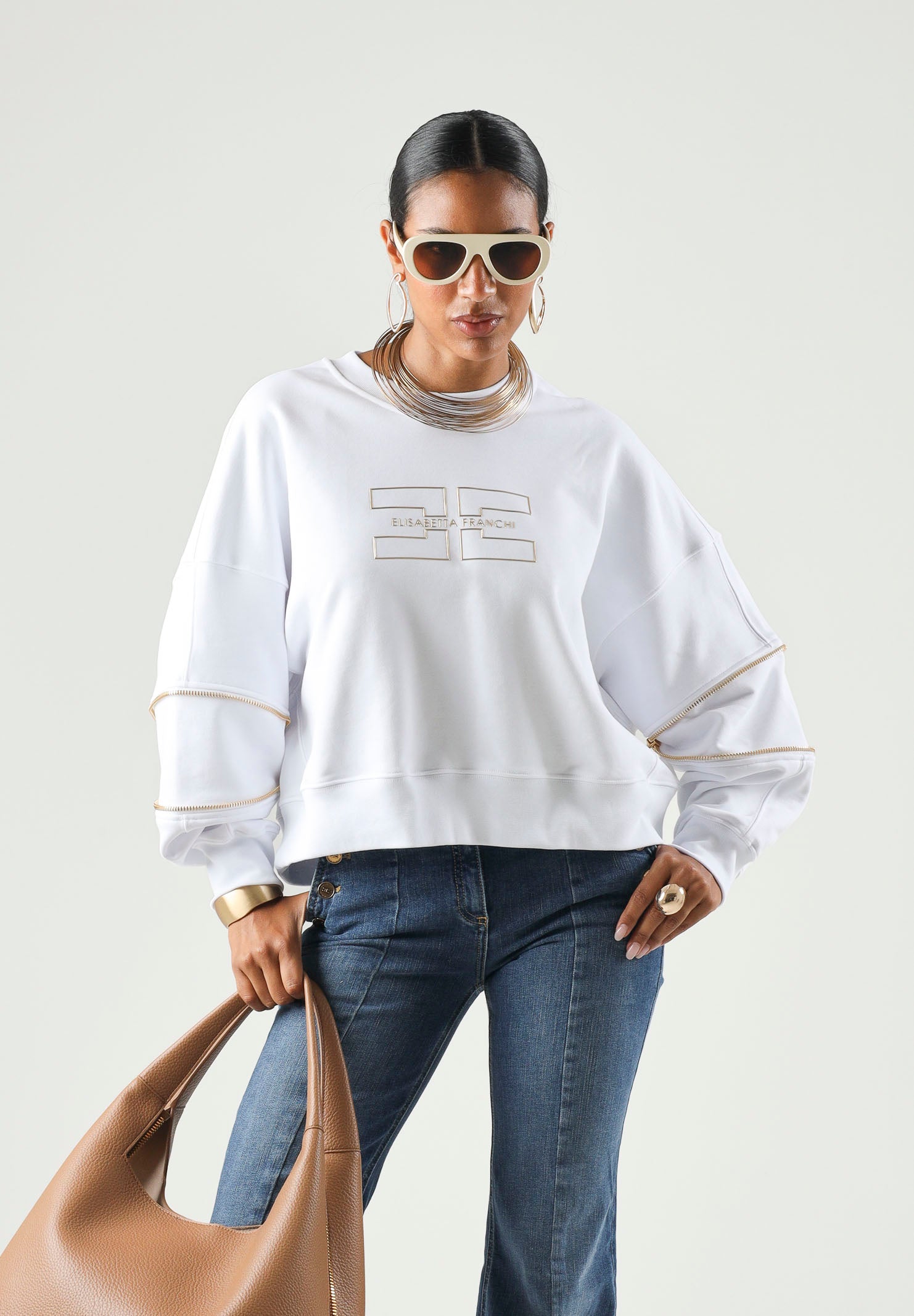 ELISABETTA FRANCHI Maglia Gesso bianco da donna con logo frontale e dettagli a contrasto sulle maniche. MD05P66E2 270 ELISABETTA FRANCHI