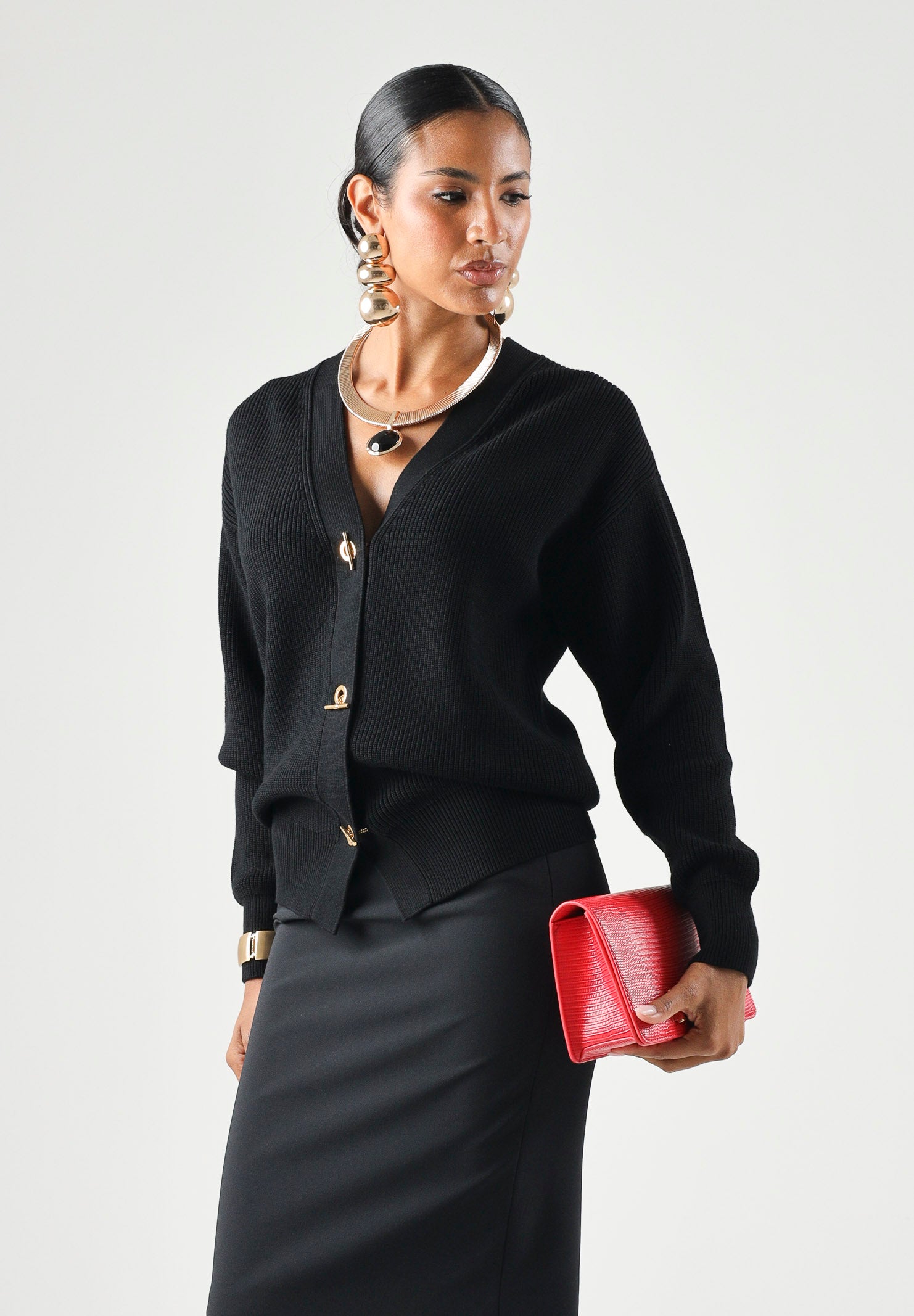 ELISABETTA FRANCHI Cardigan in maglia nero da donna con bottoni e chiusure gioiello MK01S66E2 110 ELISABETTA FRANCHI