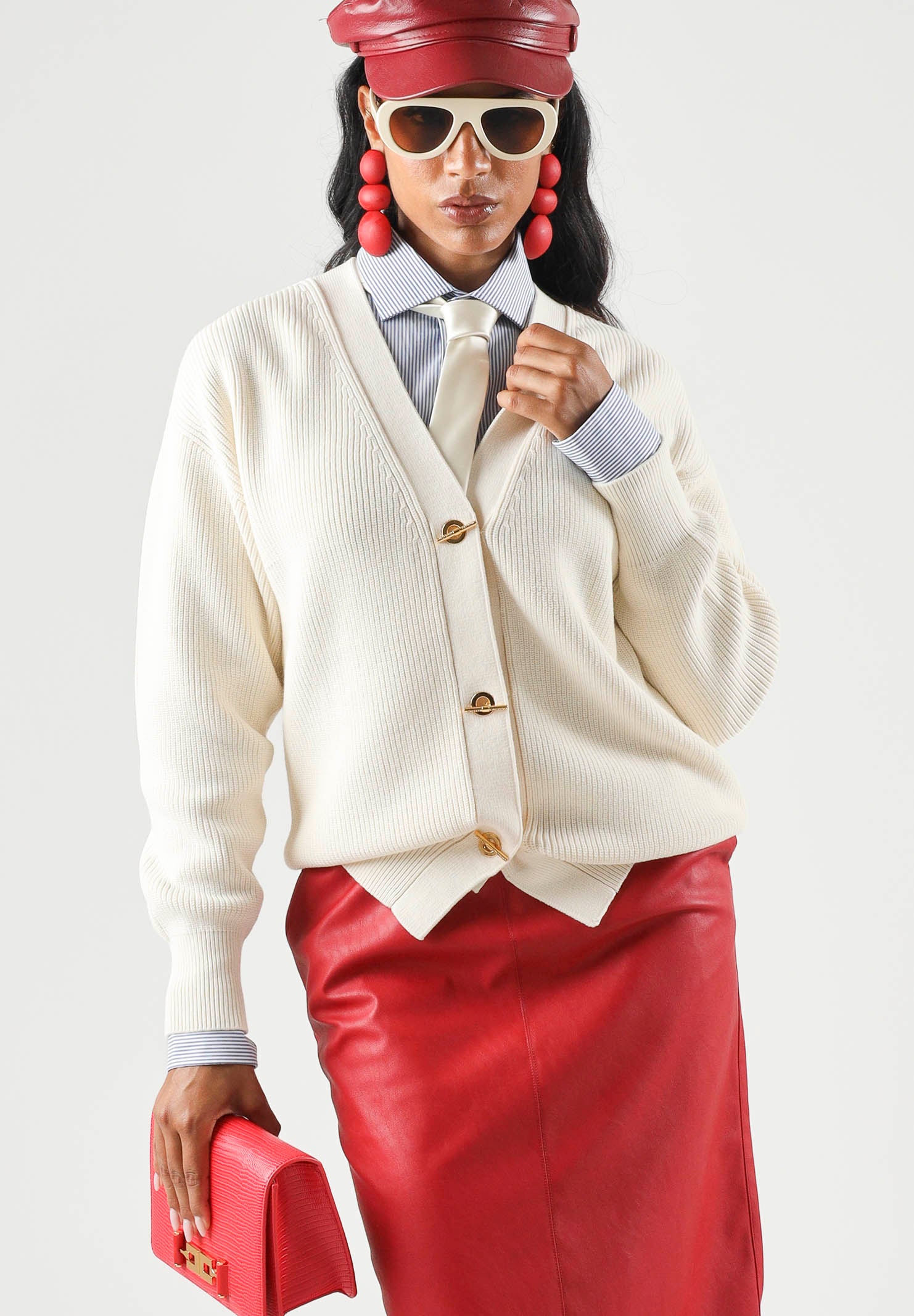 ELISABETTA FRANCHI Cardigan in maglia burro-bianco da donna con bottoni gioiello<BR/> MK01S66E2 193 ELISABETTA FRANCHI