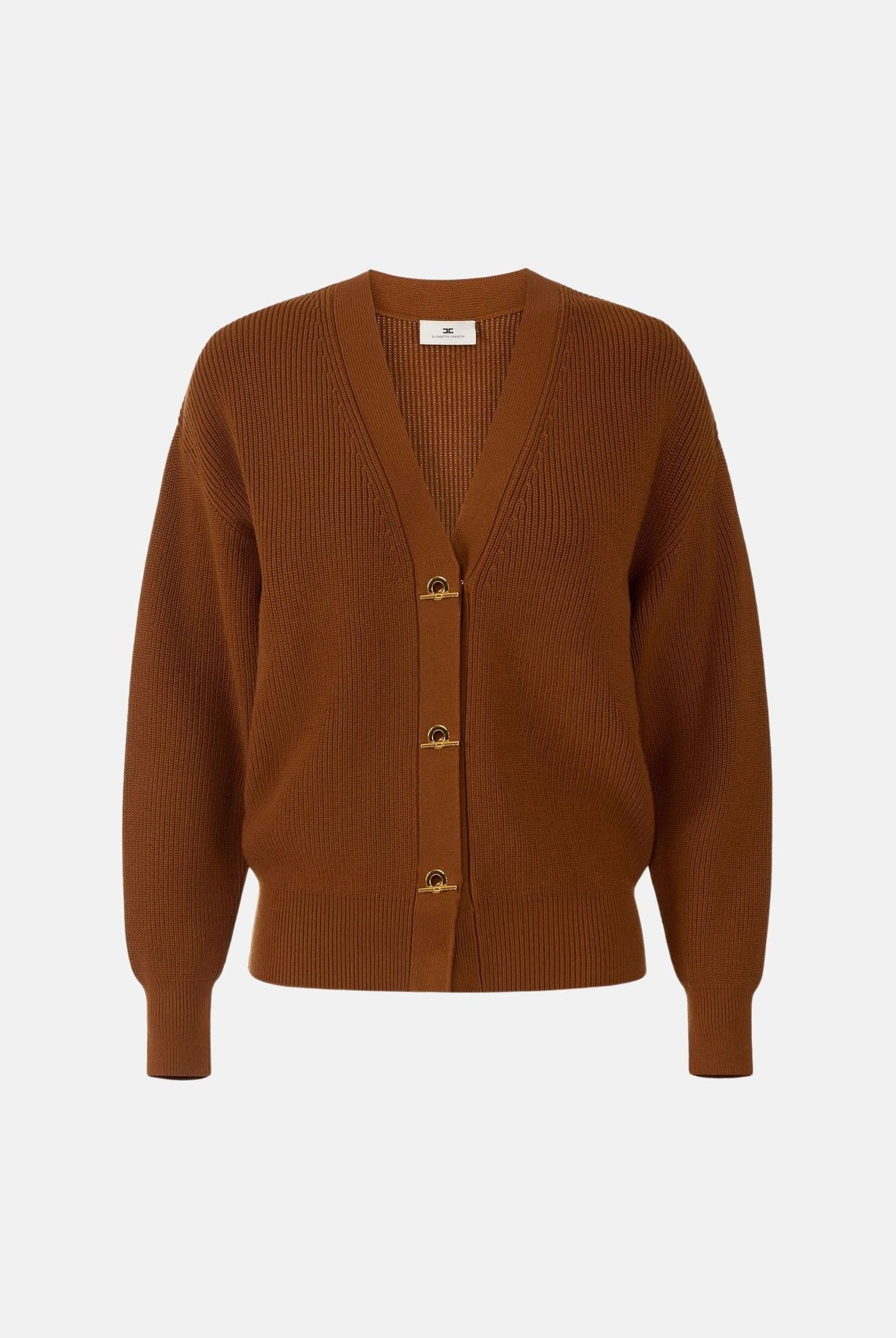 ELISABETTA FRANCHI Cardigan in maglia sigaro marrone da donna con bottoni e chiusure gioiello MK01S66E2 FK3 ELISABETTA FRANCHI